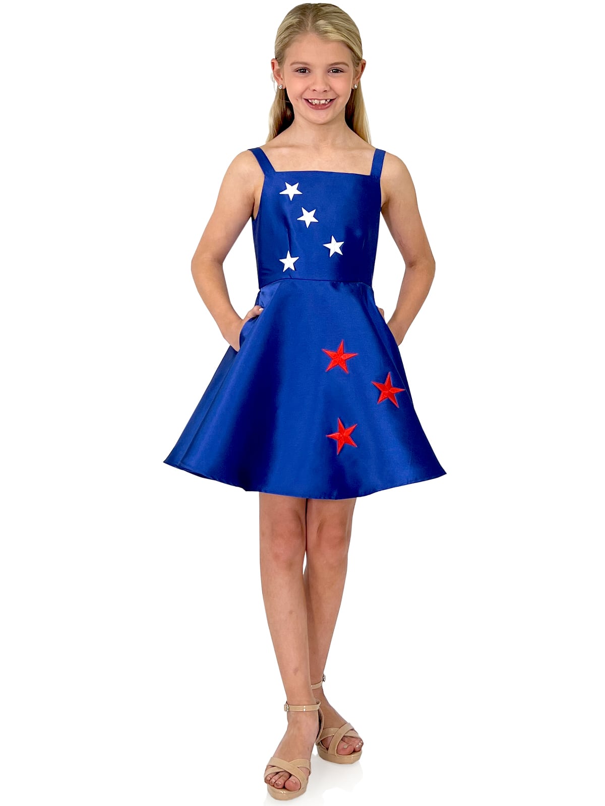 Marc Defang 5030 Red White & Blue Girls Pageant Fun Fashion Cape Detachable chiffon skirt/cape. Stars adorn he short a line dress. Perfect for Fun Fashion! Fourth of July - Independence Day Pageant  Available Sizes: 4-14  Colors: Red/White/Blue