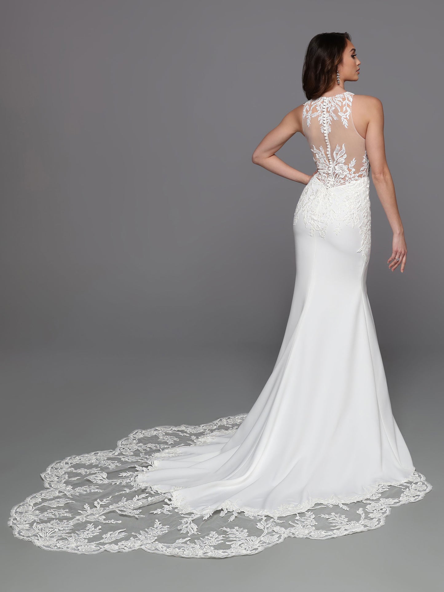 DaVinci Bridal 50734 A-Line Halter High Neck Lace Appliques Sequin Train Wedding Gown. Sheer lace extends from the bodice to accent the sleek crepe skirt of this fit & flare sheath. The finishing touch is the sheer scalloped lace chapel train that extends from the skirt’s sweep train hem.