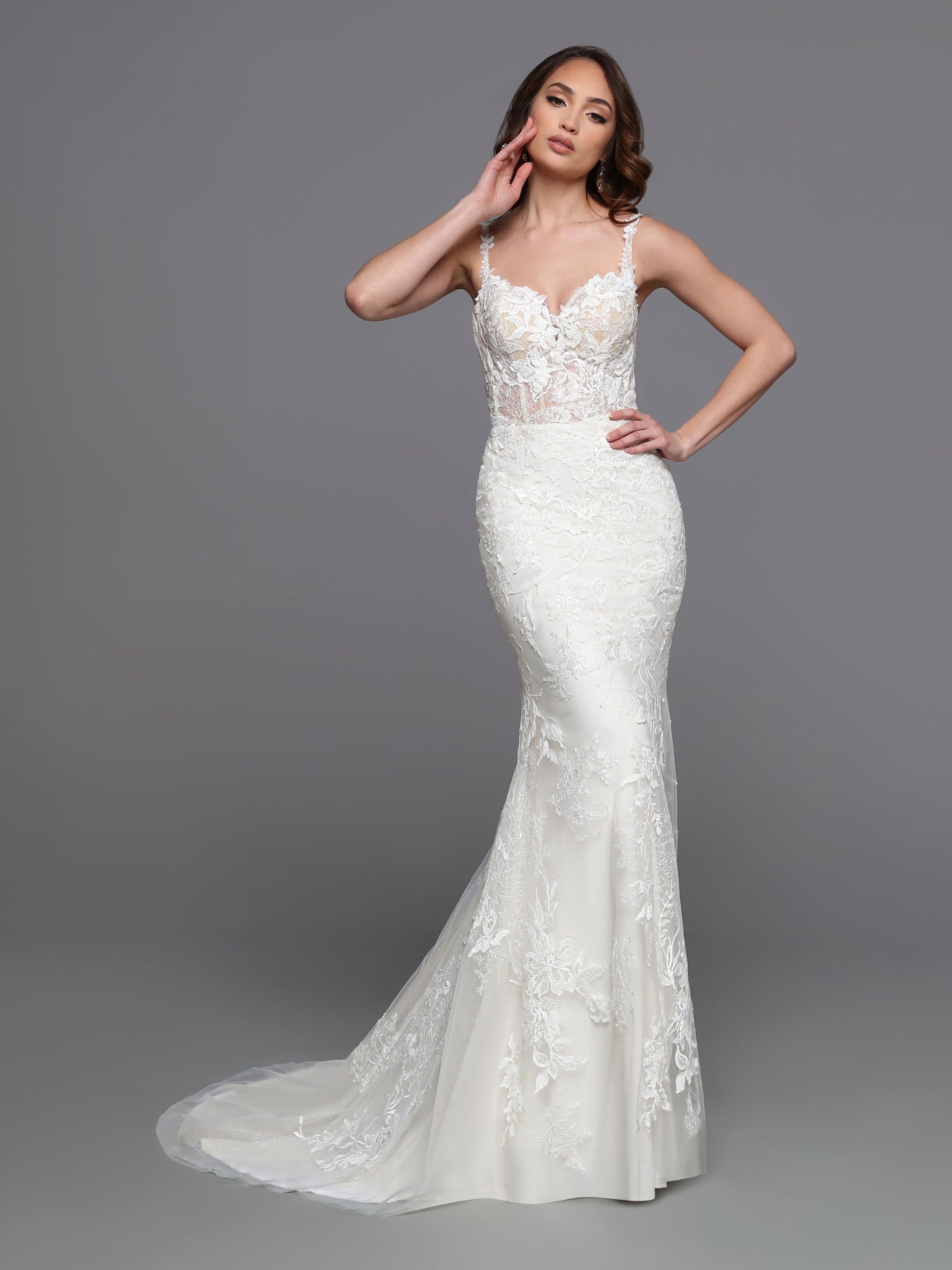 Featuring sheer beaded lace and a wide ribbon corset, Davinci Bridal 50738 is the perfect fit & flare sheath wedding dress. Create your dreamy walk down the aisle with the detachable skirt and extended tulle train. Accentuate your figure and showcase your sense of style with this elegant option. 