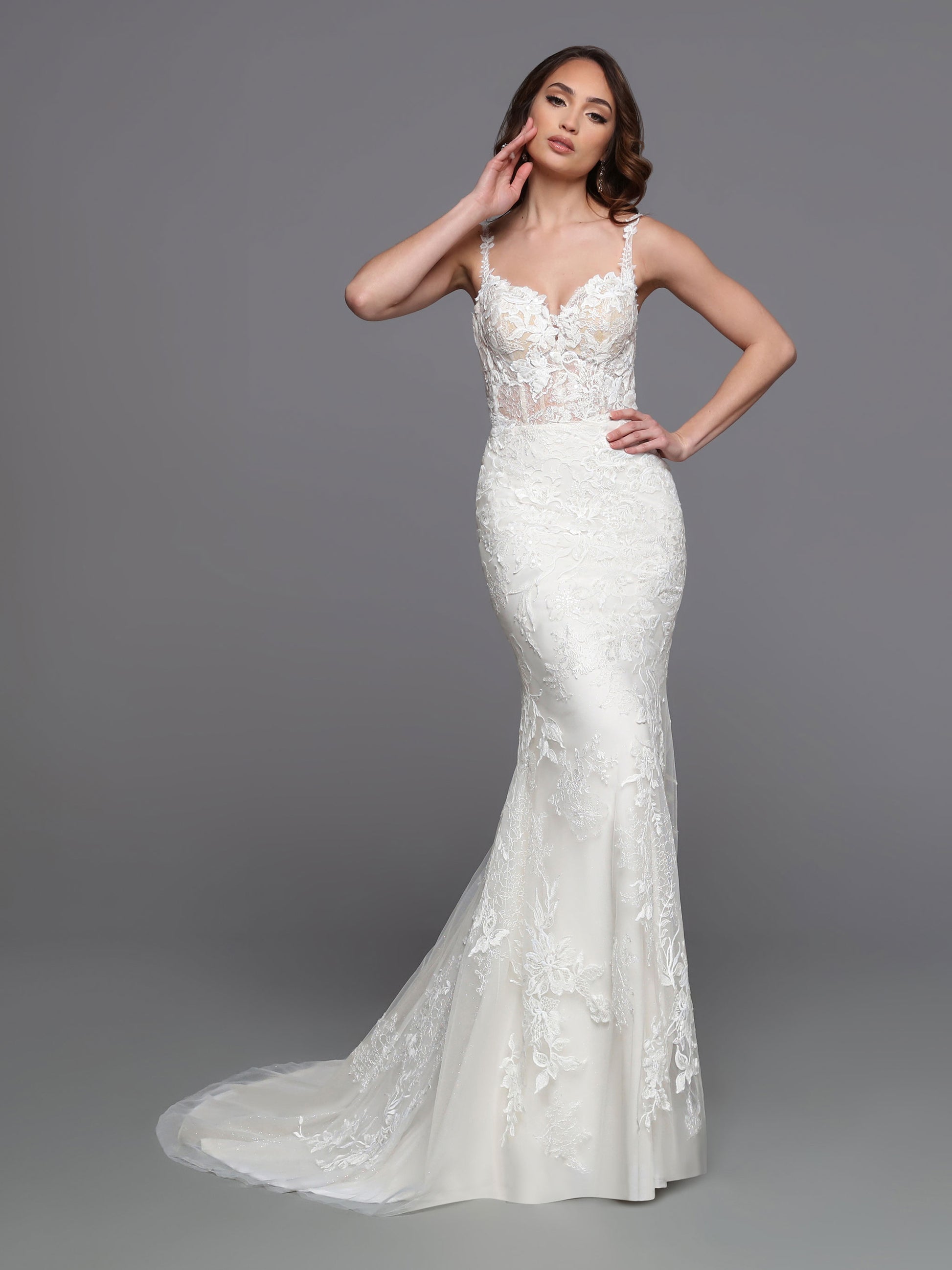 Featuring sheer beaded lace and a wide ribbon corset, Davinci Bridal 50738 is the perfect fit & flare sheath wedding dress. Create your dreamy walk down the aisle with the detachable skirt and extended tulle train. Accentuate your figure and showcase your sense of style with this elegant option. 