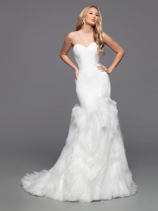 Look truly striking with Davinci Bridal 50802, a strapless crepe mermaid dress featuring a dramatic full skirt of ruffled organza. Enjoy timeless elegance with a contemporary twist in this figure-enhancing gown.  Sizes: 2-20  Colors: Ivory