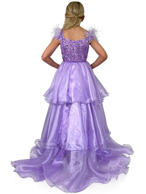 This exquisite Marc Defang 5143 Girls Pageant Dress features a feather off the shoulder straps, fully beaded bodice with shimmering layer organza skirt. The perfect dress for a special occasion, this dress will make your little girl feel like a princess.  Sizes: 4-14  Colors: Lilac, Baby Blue