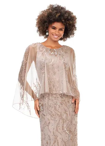 Ashley Lauren 11214 Fully Hand Beaded Crew Neckline High Back Overlay Fitted Evening Dress. A timeless evening gown complete with a sheer overlay. This gown has a sequin motif that sparkles throughout the gown and overlay. Talk about elegant!