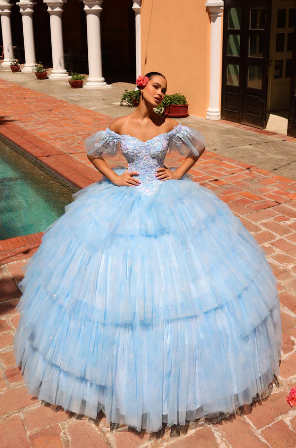 Elevate your Quinceañera look with the stunning Amarra 54312 dress. Featuring a layered tulle ball gown with a shimmering sequin bodice and an off-the-shoulder neckline, this dress will make you shine on your special day. The ombre corset adds a touch of glamour, making you the belle of the ball.&nbsp;