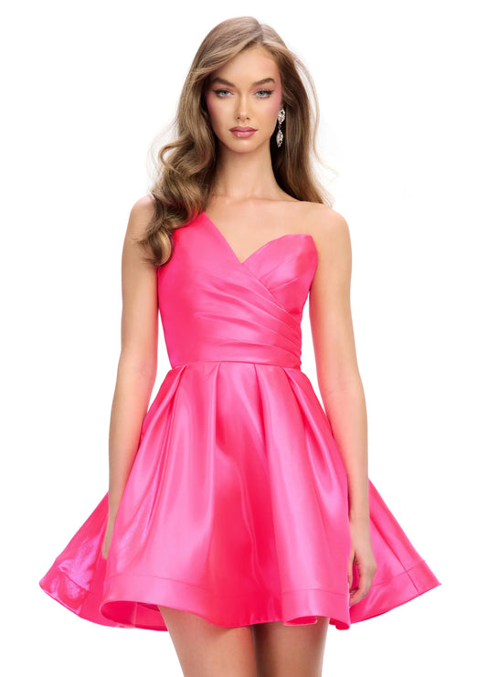 Expertly designed by Ashley Lauren, the 4786 One Shoulder Satin Cocktail Dress boasts a ruched bodice and A line skirt with horsehair trim. Elegantly crafted with high-quality satin, this dress offers a flattering silhouette and timeless style for any special occasion.

Colors:&nbsp; Orchid, Black, Hot Pink, Peacock, Red, White