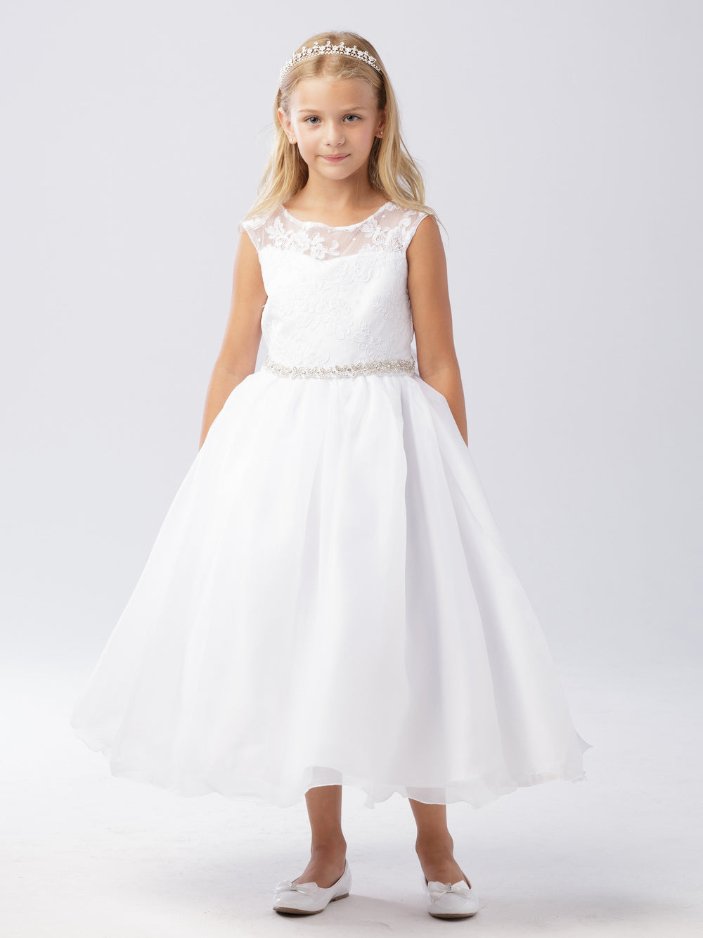 5647 Girls Tea Length Size 2 Ivory Lace Flower Girl Dress