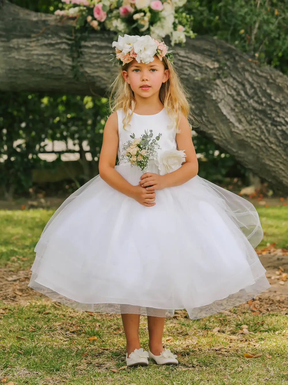 5661 Size 2 White Girls Tea Length Flower Girl Dress Satin