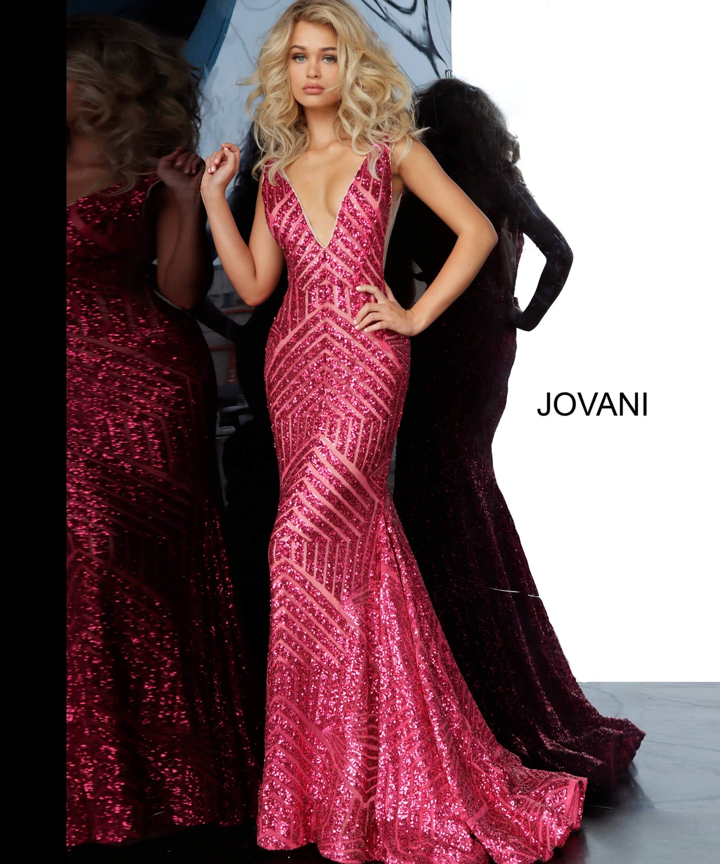 Long Jovani 59762 Prom Dress, Featuring a plunging neckline & A Fully sequined Fitted Mermaid Bodice. This Open V Back Pageant Gown & prom dress is perfect for the stage is has a lush trumpet sequin embellished skirt and sweeping train. 