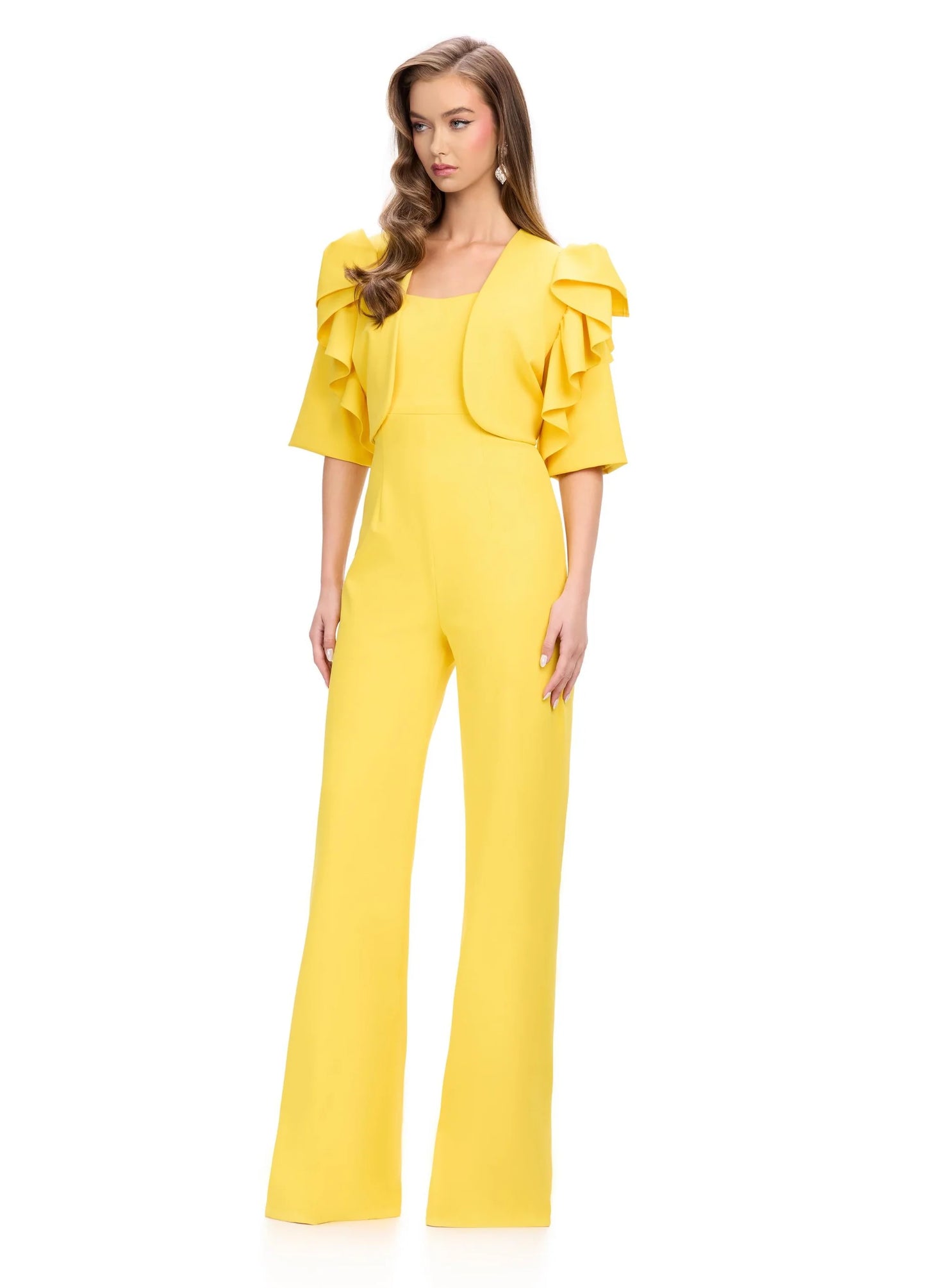 Elevate your style with the Ashley Lauren 11760 Scuba Jumpsuit and Jacket. The ruffle sleeves and wide pant legs add a touch of sophistication, while the scuba material provides a comfortable fit. Perfect for any occasion, this jumpsuit and jacket combo will make you feel confident and stylish.

Colors:&nbsp; Red, Yellow