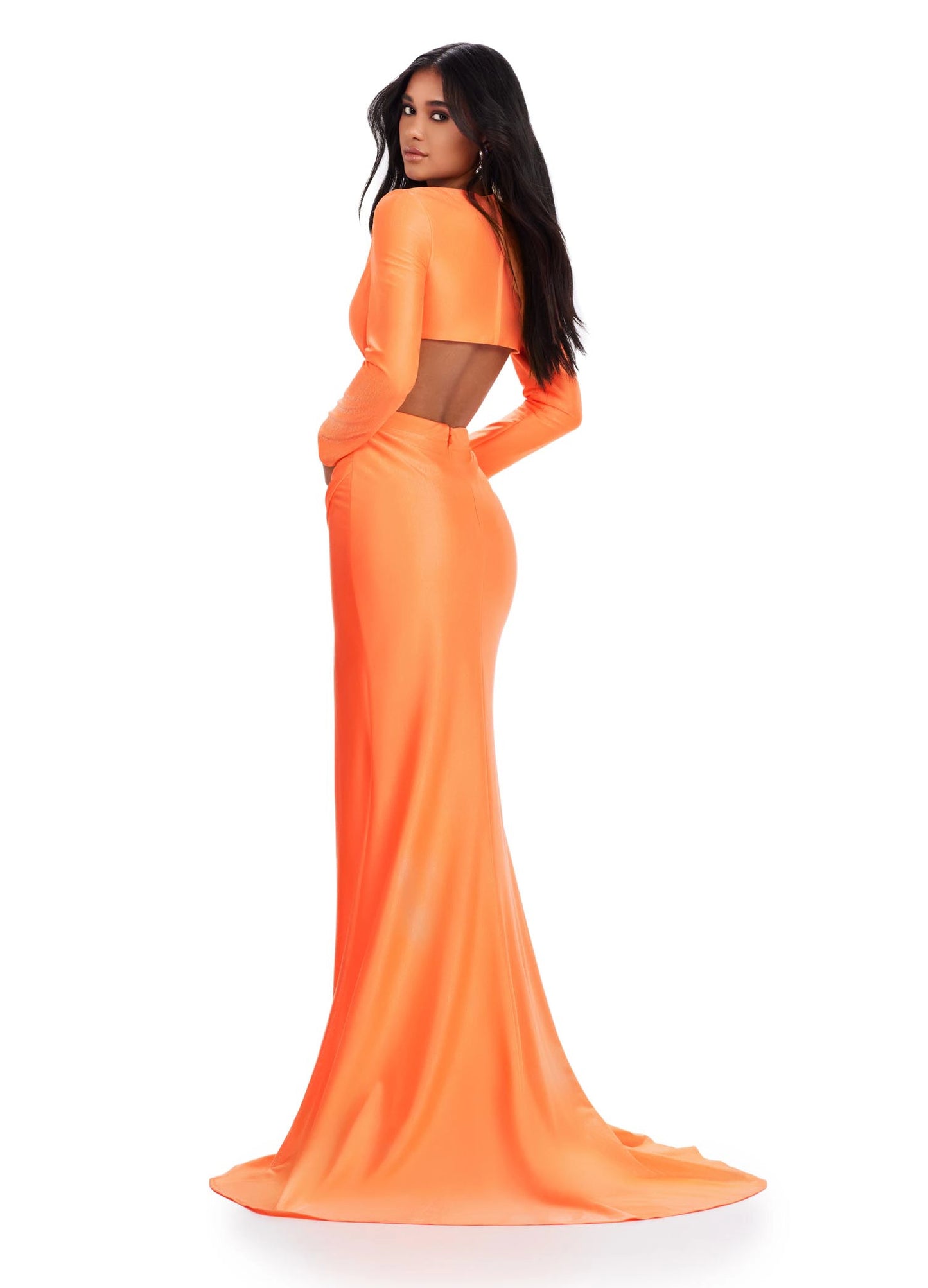 Look fabulous on prom night in the Ashley Lauren 11607 Jersey Cutout Dress. Cut from stretch jersey, this formal gown features a fitted skirt with a high side slit, long sleeves, and a scoop neckline with cutout detail. Make an unforgettable entrance in this figure-flattering style. Be unique in this v-neckline gown with crisscross cut out bodice. The look is accented with a fitted draped skirt and long sleeves.  COLORS: Yellow, Turquoise, Hot Pink, Coral