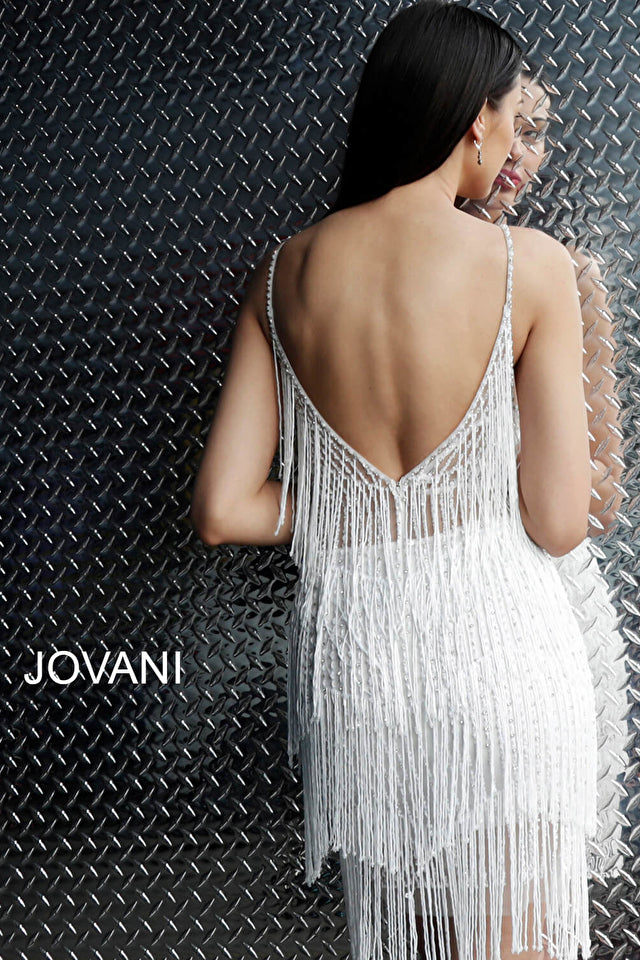 The Jovani 61883 dress is perfect for your homecoming or cocktail event. It features a fringe spaghetti strap V-neck and is made of luxurious fabric for a comfortable and stylish fit. The design is sure to make you shine.