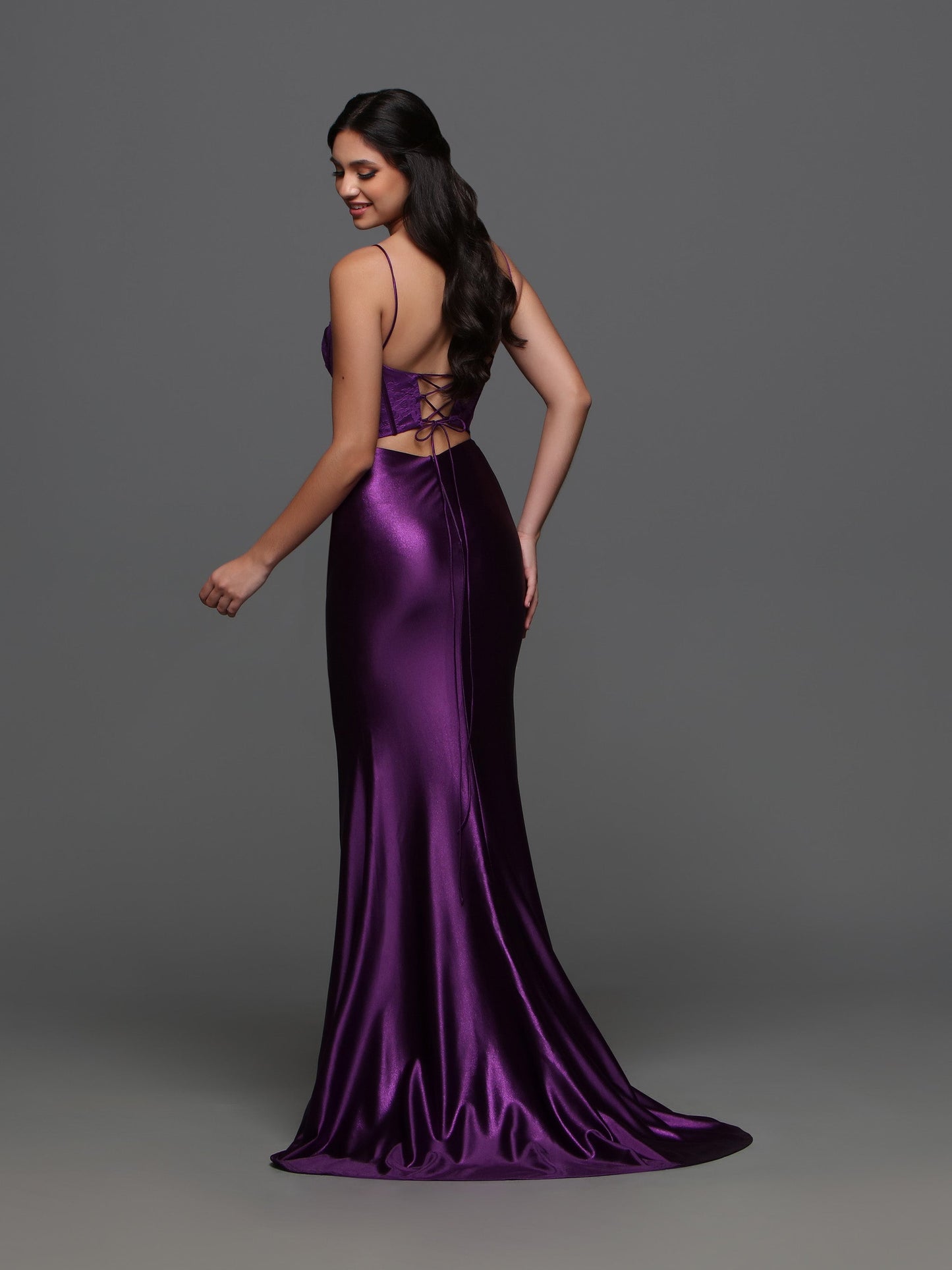 Candice Wang 72392 Size 4 Purple Lace Corset Satin Fitted Formal Dress Prom Slit Cut Out Back Gown