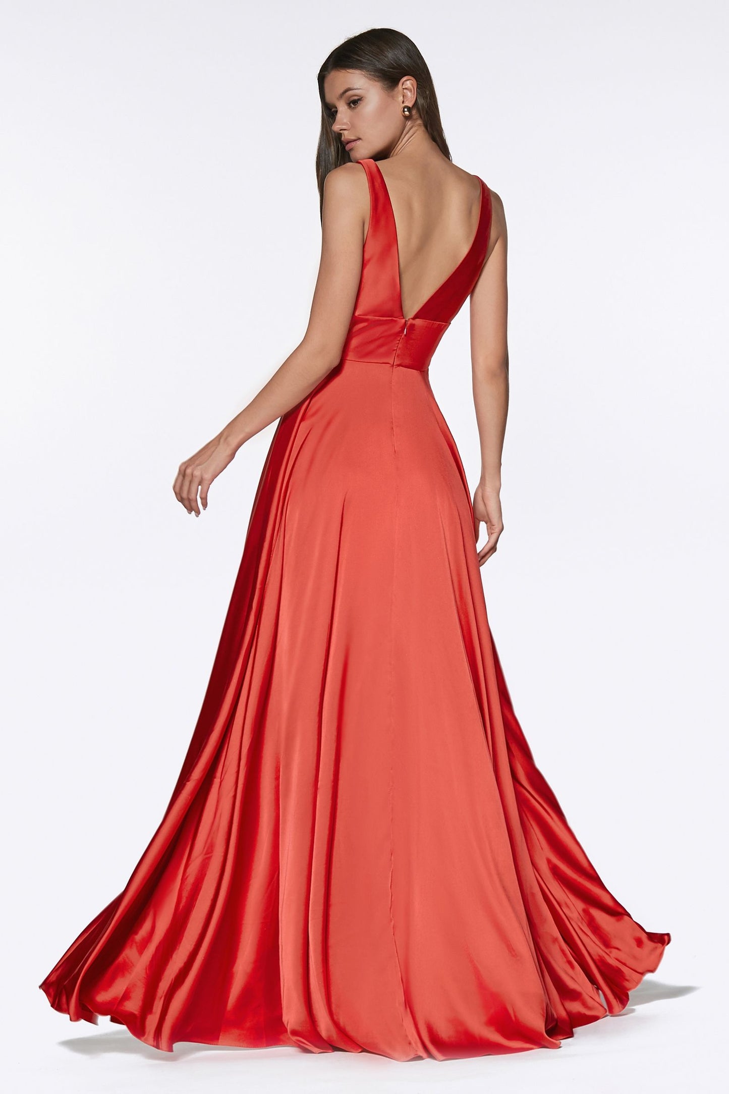 Ladivine 7469 Long Bridesmaids Dress Simple Slit Satin Formal Dress V Neck A Line Evening Gown