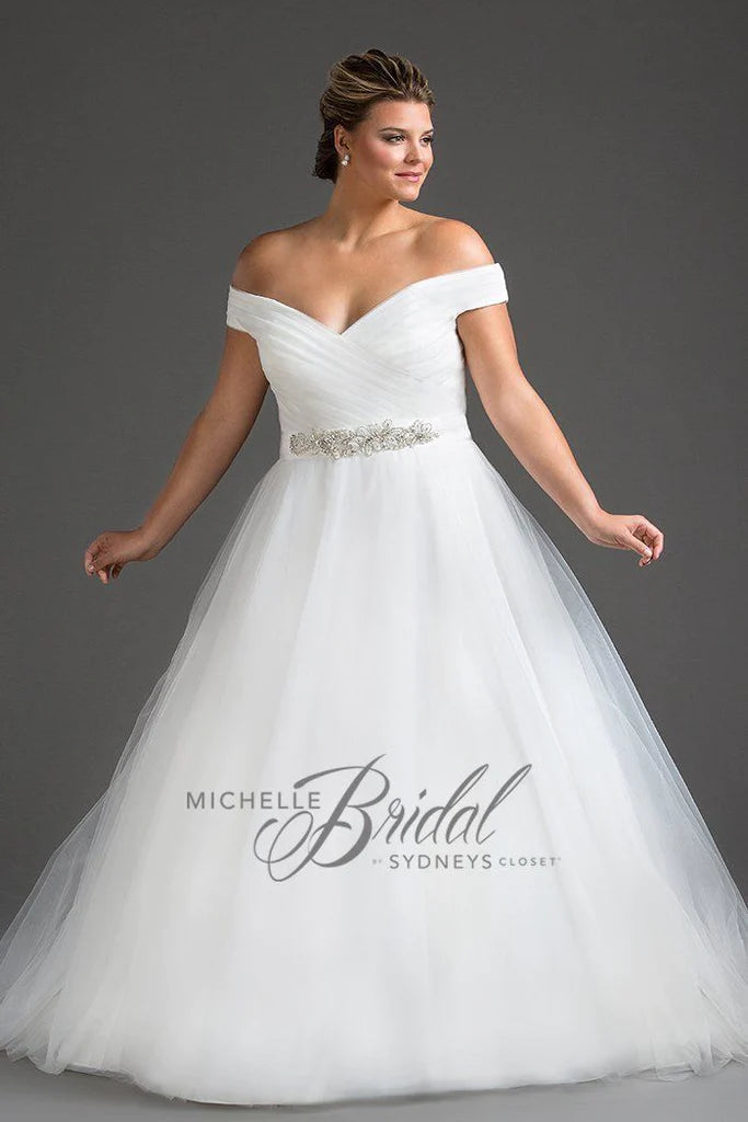 Michelle Bride For Sydney's Closet MB1812 A-Line V-Neck Lace Up Back Off The Shoulder Straps Pleated Plus Size Bridal Gown. Look radiant in the Michelle Bride For Sydney's Closet MB1812 A-Line V-Neck Gown. Crafted from quality fabric, this design features off the shoulder straps, a pleated bodice, and a lace-up back for an adjustable fit. Perfect for the plus-size bride!