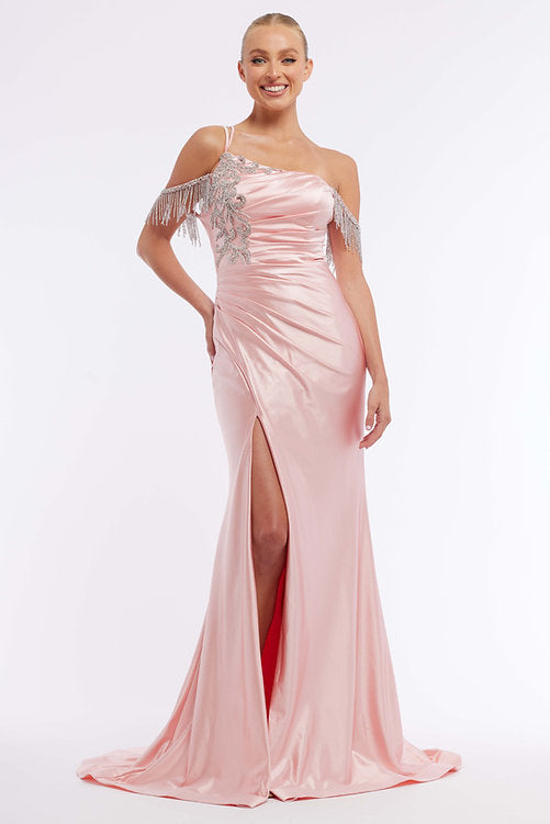 This Vienna Prom 7977 dress is perfect for special occasions. Crafted from satin, it features a ruched bodice and off-shoulder straps combined with a crystal fringe trim, a thigh-high slit. Make a lasting impression at your next event with this beautiful dress. Maxi slit Pageant Gown  Sizes: 00-16  Colors: Coral, Blue, Red