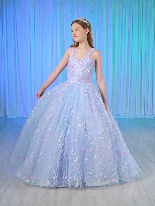 Rule the pageant with this dazzling Tiffany Princess 80026MQ sequin ball gown. With a corset style bodice and scoop neck, this dress will make you shine. The train adds an extra touch of elegance. Be the talk of the town in this show-stopping pageant dress.