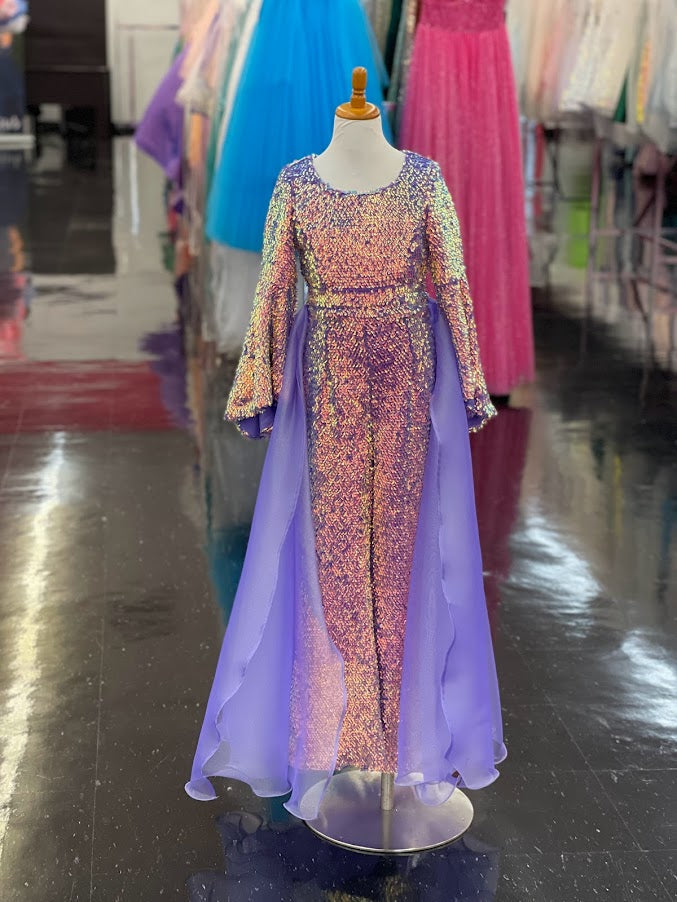 Marc Defang 8004K Sequin Bell Sleeve Pageant Jumpsuit Overskirt Fun Fashion   Price is inclusive of overskirt  Fully beaded jumpsuit Bell sleeve Option of matching overskirt Knitted inner comfort lining  Available Sizes: 4-14  Available Colors: Baby Pink, Light Purple, Light Orange, Mint