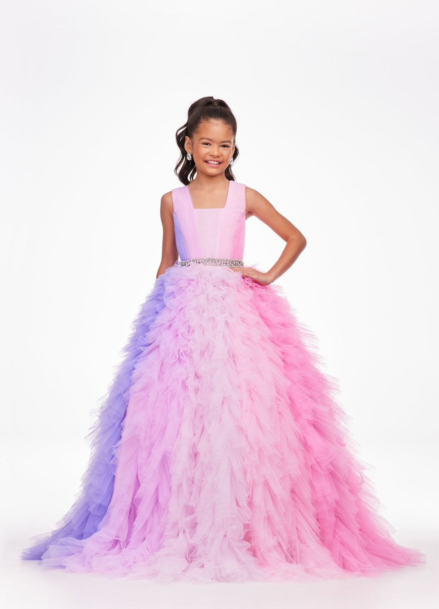 Ashley Lauren Kids 8137 Girls and Preteens Pageant Dress.  This stand out kids gown features a square neckline giving way to a crystal encrusted belt. The ombre tulle skirt completes the look.  Available colors:  Pink Multi, Blue Multi  Available sizes:  4, 6, 8, 10, 12, 14, 16