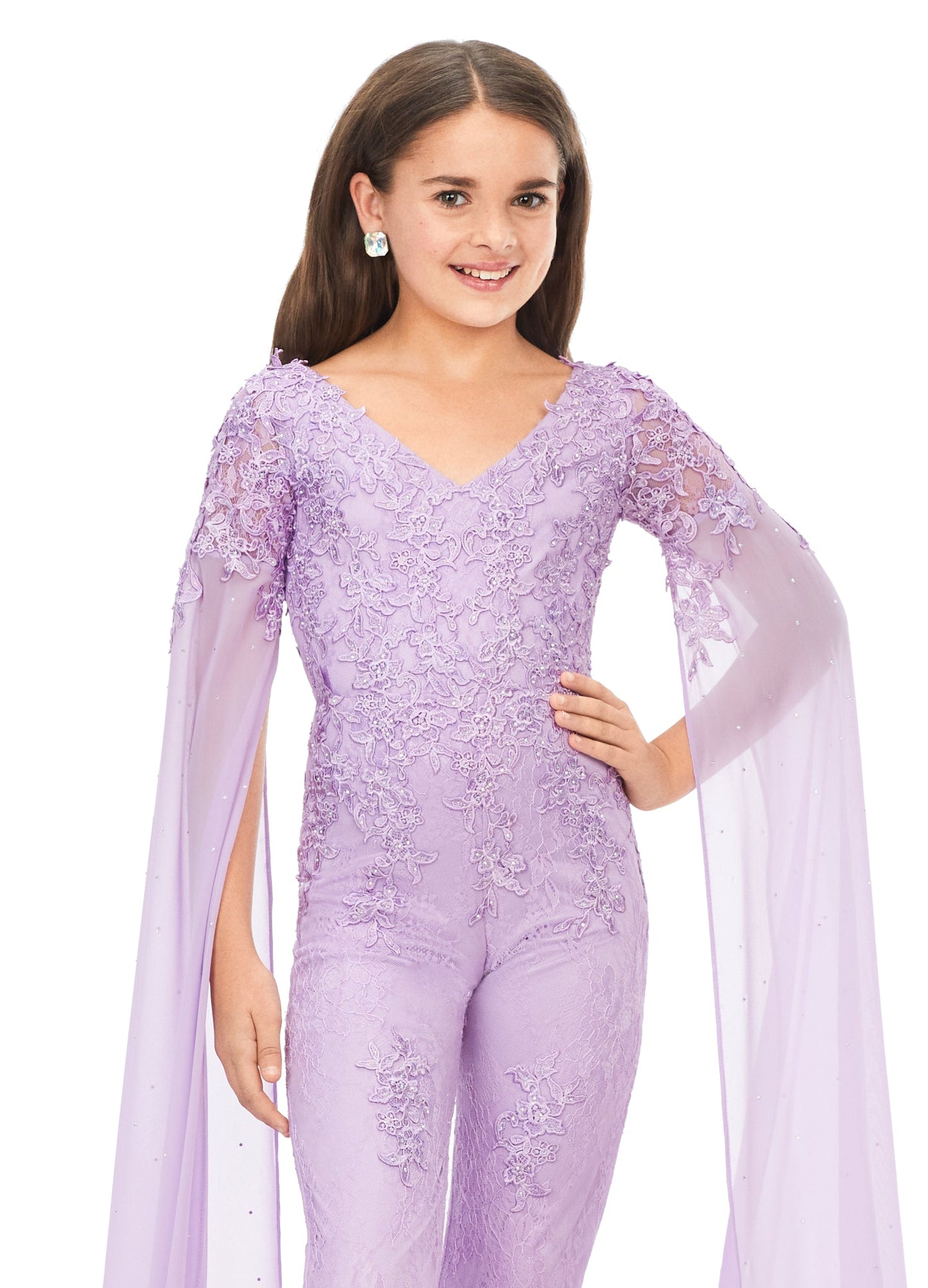 Ashley Lauren Kids 8162 Lace Girls Cape Sleeve Jumpsuit Formal Fun Fashion V Neck Chiffon This jumpsuit is bringing all the drama. It features a v-neckline, lace embroidery and dramatic cape sleeves perfect for your next fun fashion or runway. V-Neckline Embroidery Cape Sleeves Jumpsuit