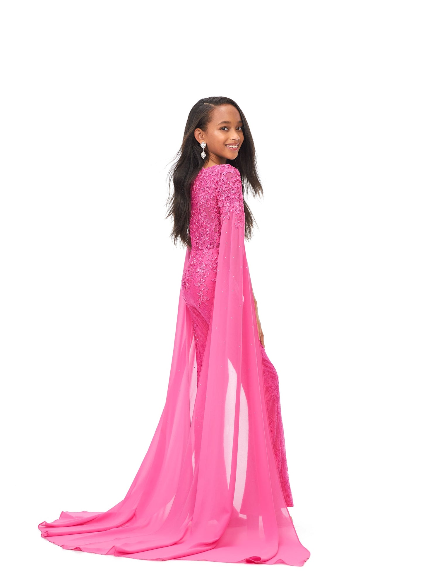 Ashley Lauren Kids 8162 Lace Girls Cape Sleeve Jumpsuit Formal Fun Fashion V Neck Chiffon This jumpsuit is bringing all the drama. It features a v-neckline, lace embroidery and dramatic cape sleeves perfect for your next fun fashion or runway. V-Neckline Embroidery Cape Sleeves Jumpsuit