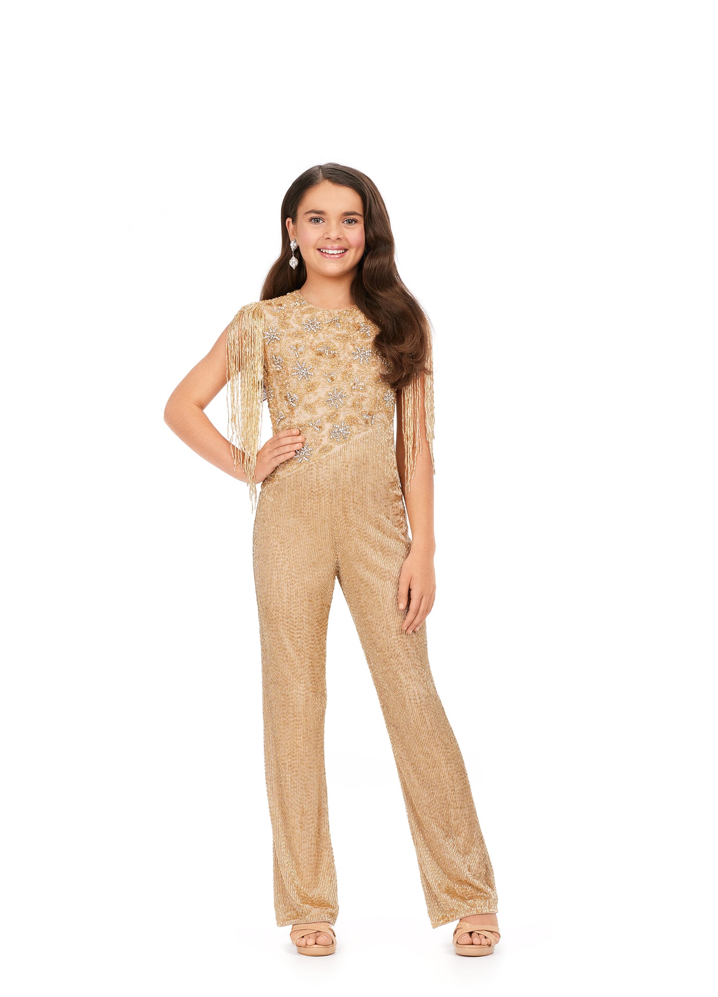 Ashley Lauren Kids 8193 Liquid Beaded Crew Neckline With Fringe Sleeves Jumpsuit. This fully beaded jumpsuit is sure to make you stand out! From the high neckline to the fringe detailed shoulders, we give this a 10/10!