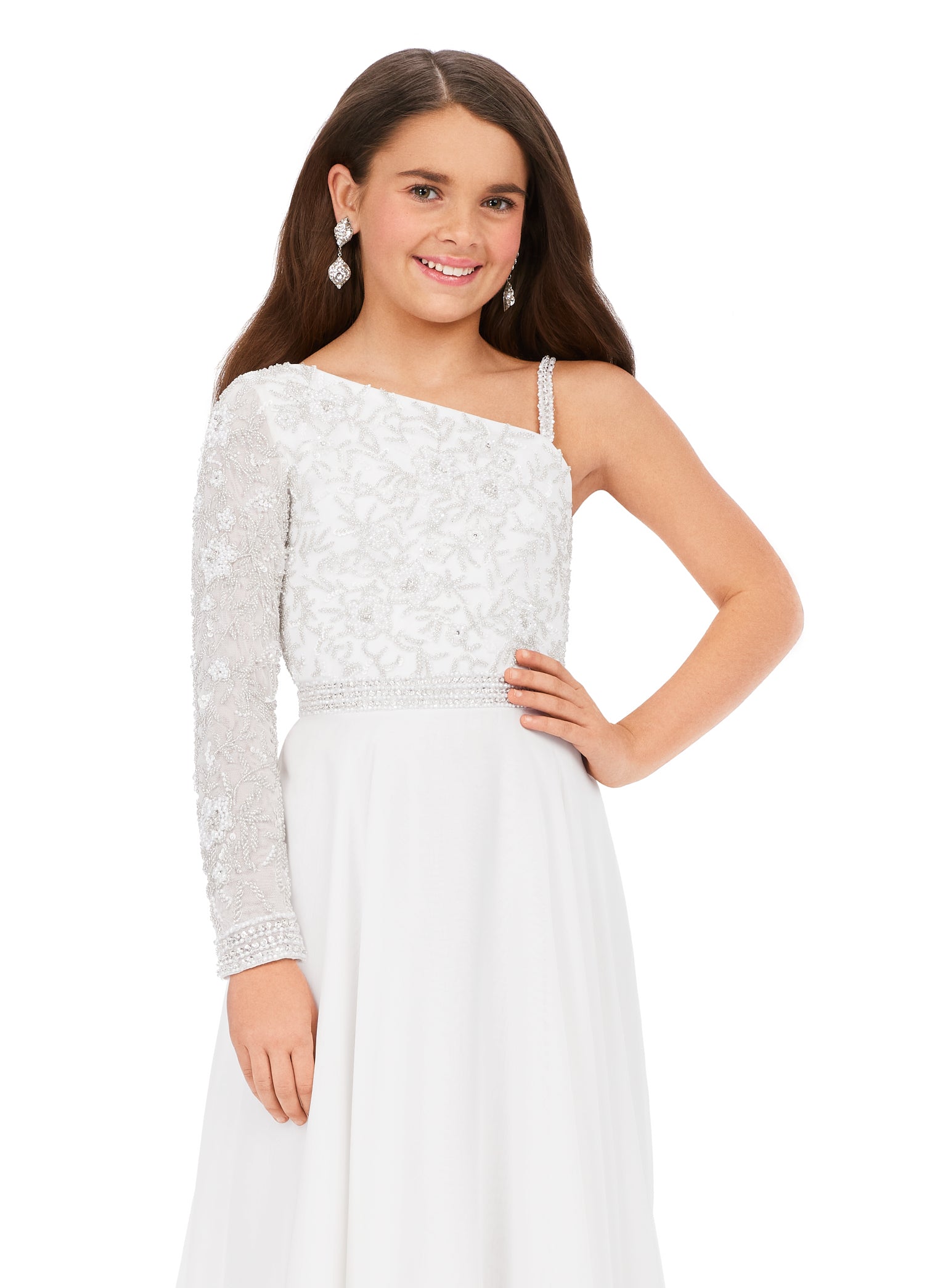 Ashley Lauren Kids 8197 One Shoulder Fully Beaded Bodice A-Line Chiffon Skirt Gown. Make all your dreams come true in this stunning one shoulder gown. With gorgeous beaded details throughout the top and a chiffon skirt, this dress is sure to WOW the crowd!