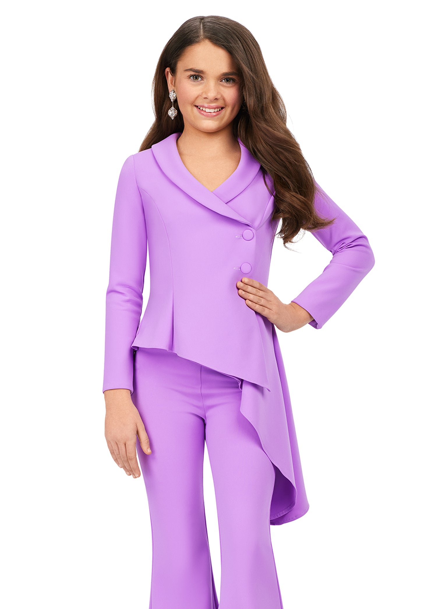 The Ashley Lauren Girls 8207 Long Sleeve Two Piece Scuba Jumpsuit is the perfect choice for any special occasion. This stylish two piece features an asymmetric hem and flare pant legs, perfect for making a statement while maintaining a professional look. With this time-tested jumpsuit, make a lasting impression on the pageant or job interview platform.  Sizes: 4-16  Colors: Orchid, Hot Pink, Green