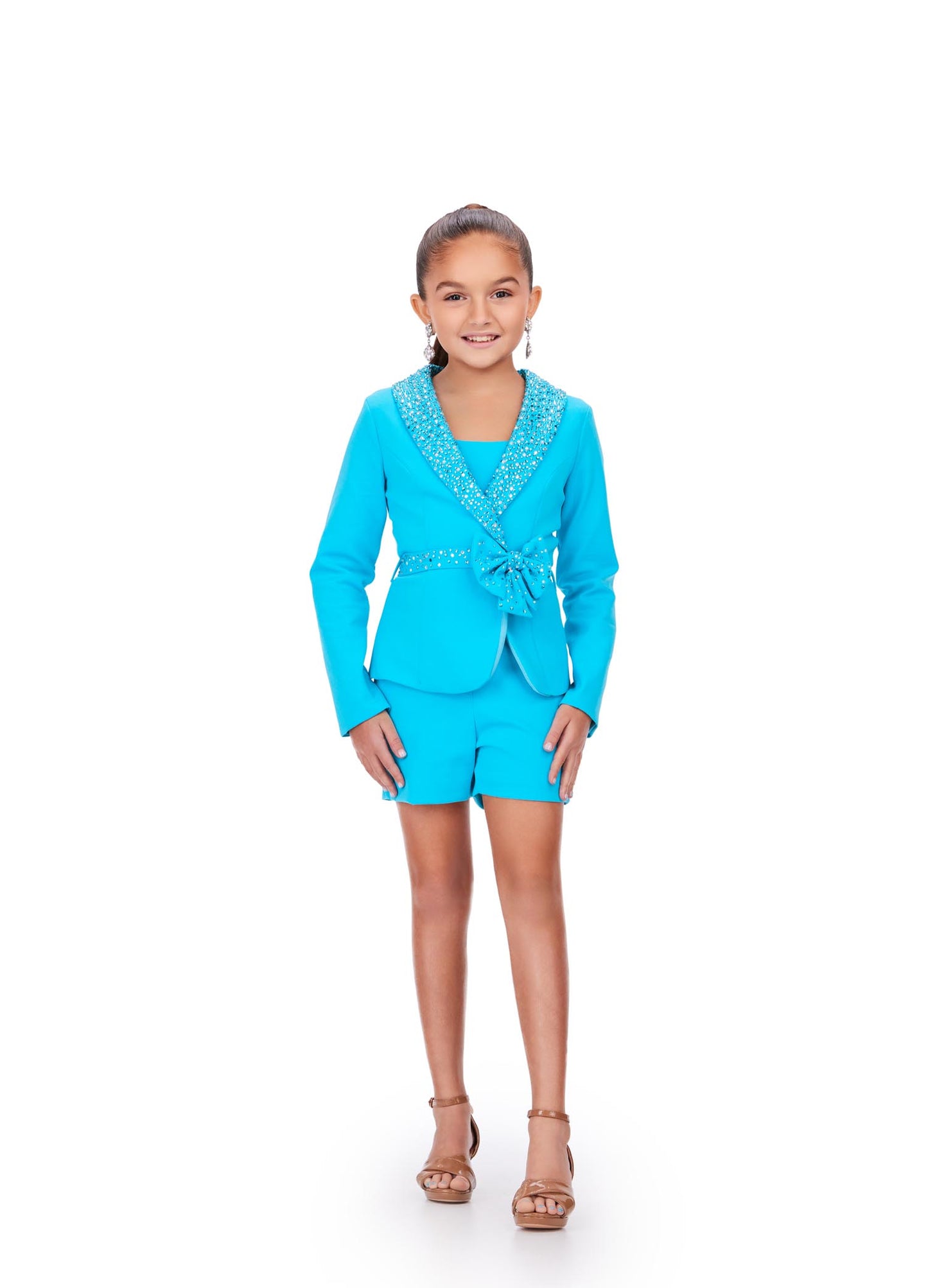 Ashley Lauren 8208 Kids two piece shorts set with crystal adorned jacket with bow