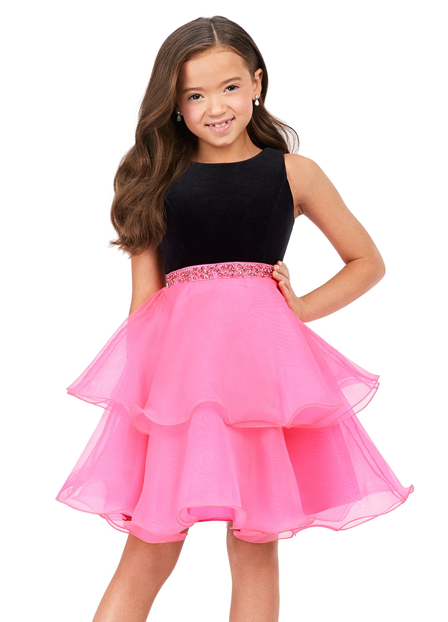 Ashley Lauren Kids 8216 Velvet Bustier And Organza Skirt Beaded Detail Crew Neckline Cocktail Dress. Elegant and adorable! This cocktail dress features a velvet bodice with a ruffled, layered organza skirt and a beaded waistband. We're in love!