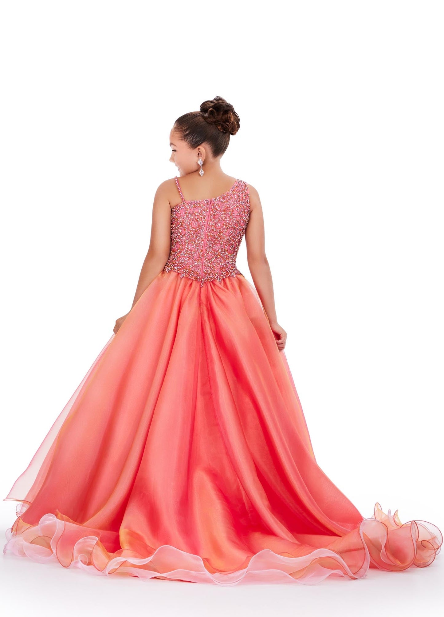 Ashley Lauren Kids 8218 Beaded Crystal Girls Pageant Dress two tone Ball Gown Train Formal A dress fit for a queen! This organza ball gown features a two tone skirt with a beautiful fully beaded one shoulder bodice.  COLORS: Lilac/Sky, Hot Pink/Orange Sizes: 2-16