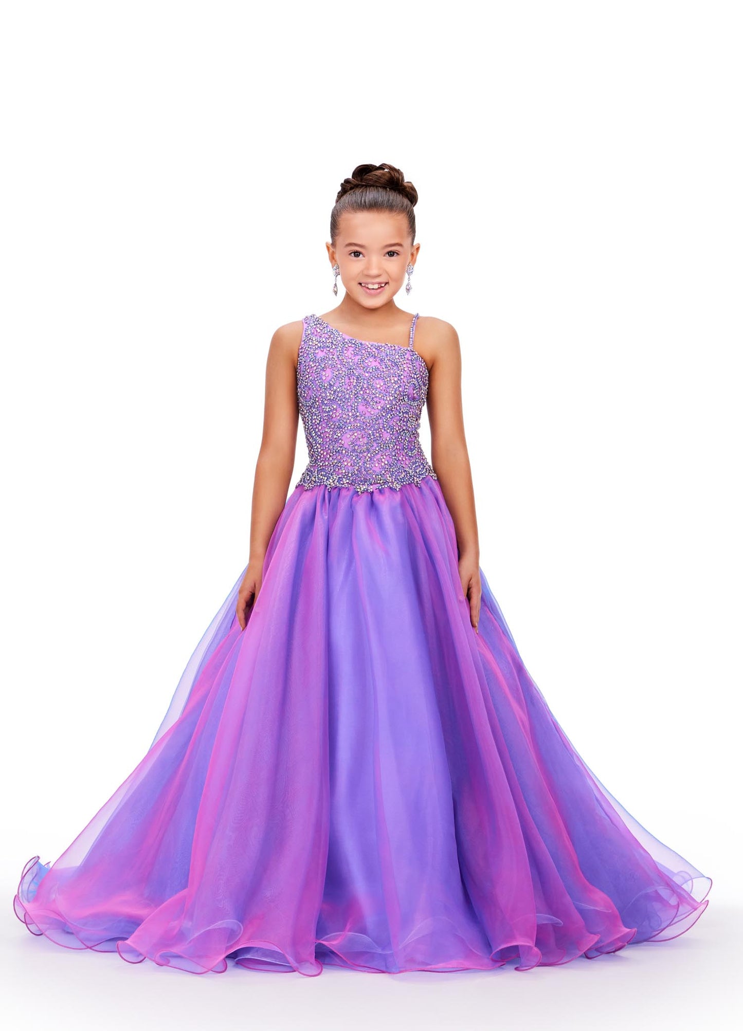 Ashley Lauren Kids 8218 Beaded Crystal Girls Pageant Dress two tone Ball Gown Train Formal A dress fit for a queen! This organza ball gown features a two tone skirt with a beautiful fully beaded one shoulder bodice.  COLORS: Lilac/Sky, Hot Pink/Orange Sizes: 2-16