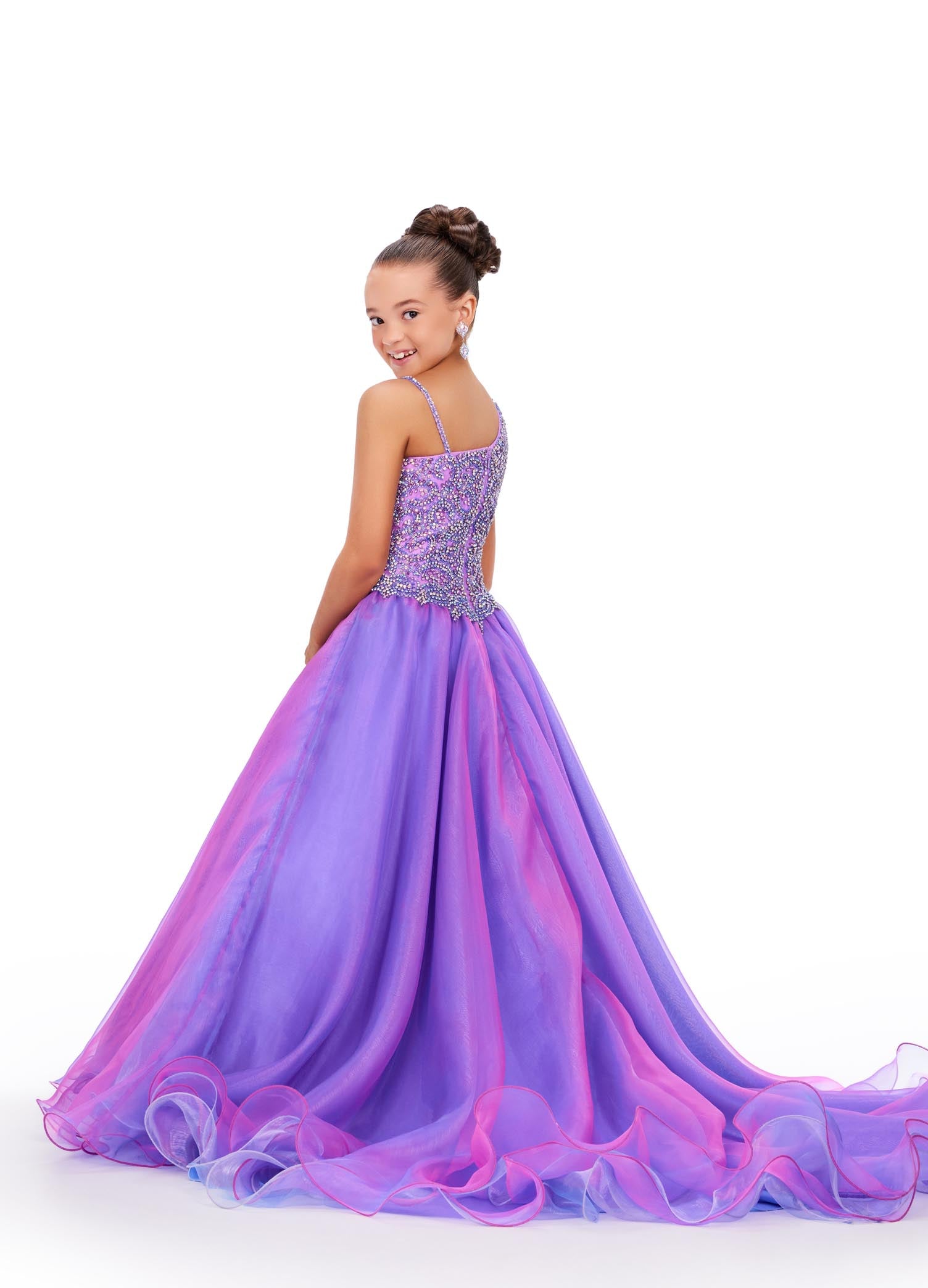 Ashley Lauren Kids 8218 Beaded Crystal Girls Pageant Dress two tone Ball Gown Train Formal A dress fit for a queen! This organza ball gown features a two tone skirt with a beautiful fully beaded one shoulder bodice.  COLORS: Lilac/Sky, Hot Pink/Orange Sizes: 2-16