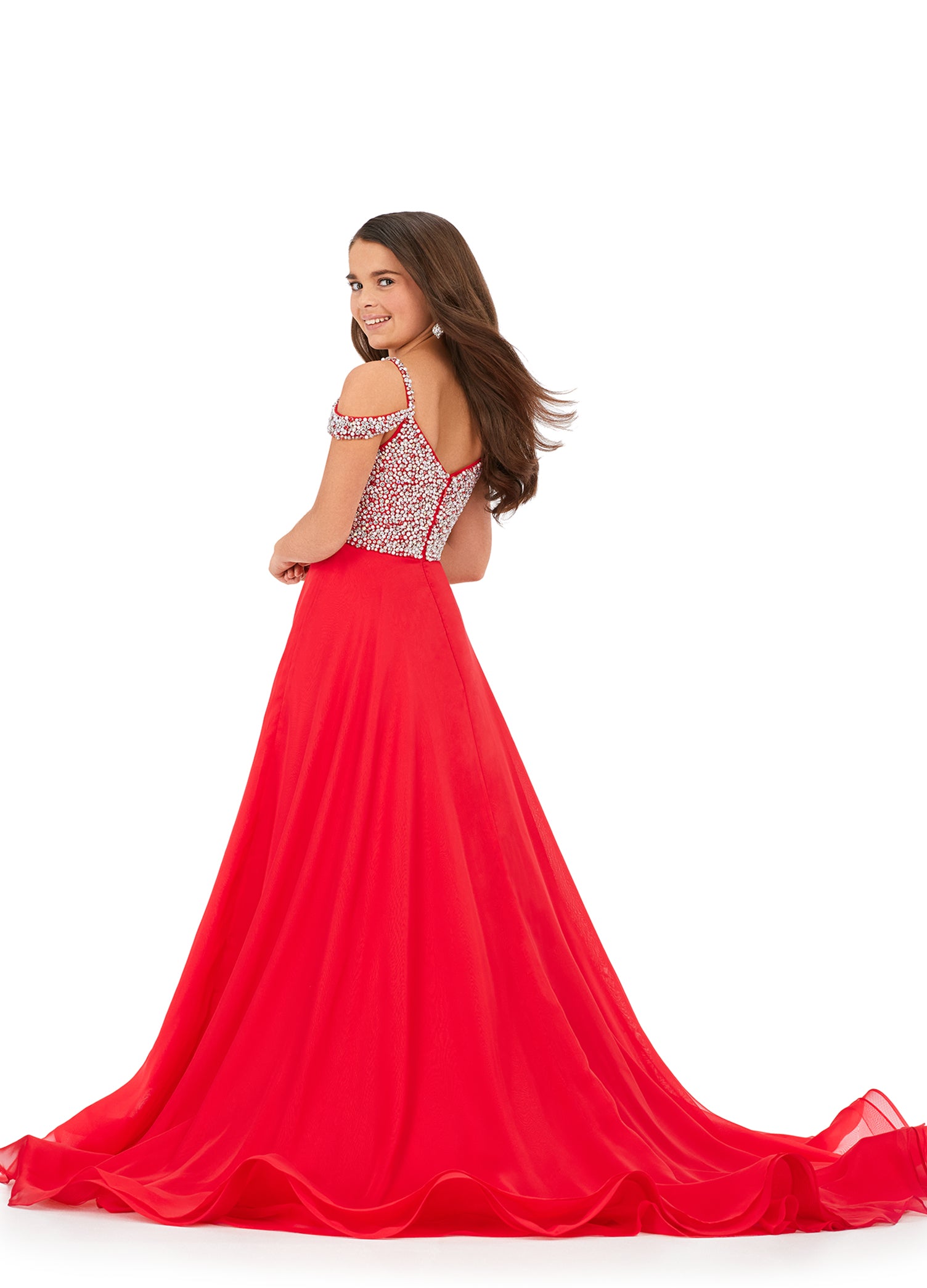 Ashley Lauren Kids 8220 Beaded Bustier A-Line Off The Shoulder Sweetheart Neckline Chiffon Gown. We are obsessed with this elegant gown! The fully beaded bodice features off shoulder straps and a fabulous, flowy chiffon skirt.