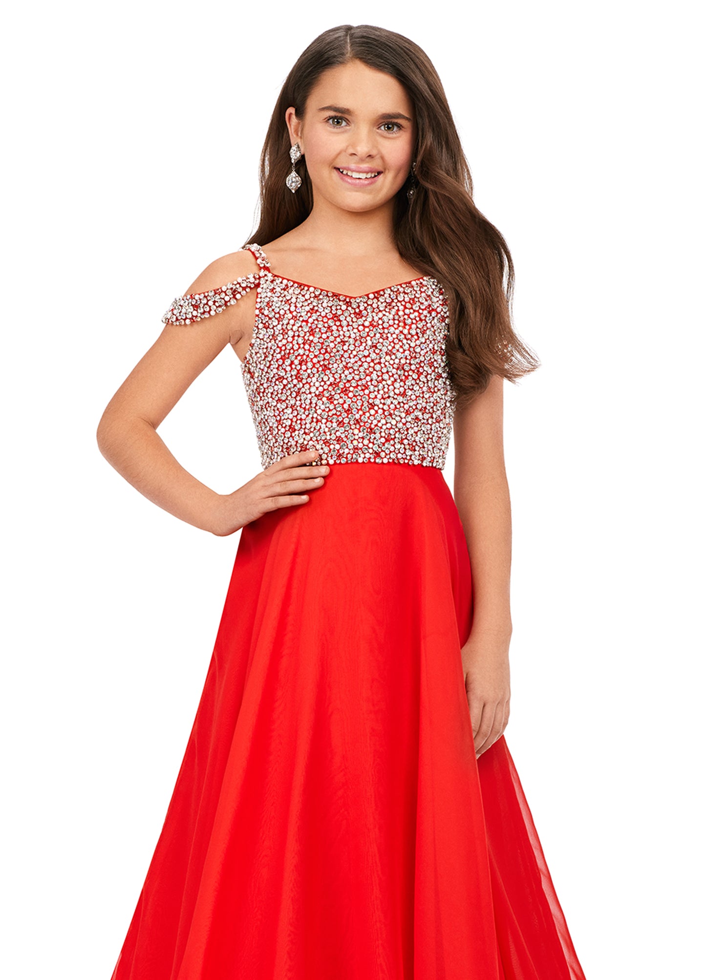 Ashley Lauren Kids 8220 Beaded Bustier A-Line Off The Shoulder Sweetheart Neckline Chiffon Gown. We are obsessed with this elegant gown! The fully beaded bodice features off shoulder straps and a fabulous, flowy chiffon skirt.