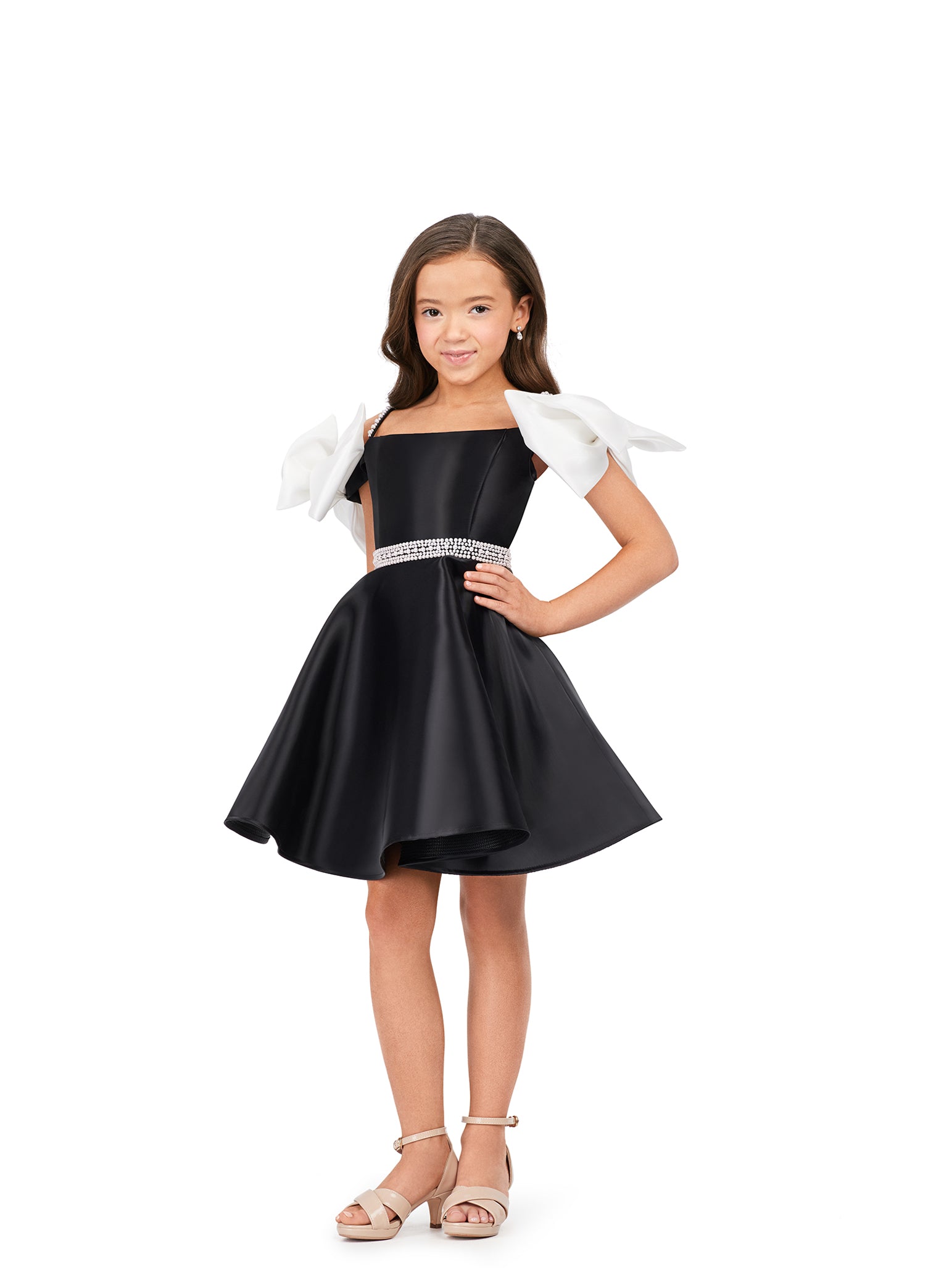 Ashley Lauren Kids 8223 Off The Shoulder With Bows A-Line Beaded Belt Detail Phantom Satin Coctail Dress. Cuteness overload in this fun satin dress! With its beautiful pearl belt and bow sleeves, this is a must for any little fashionista.