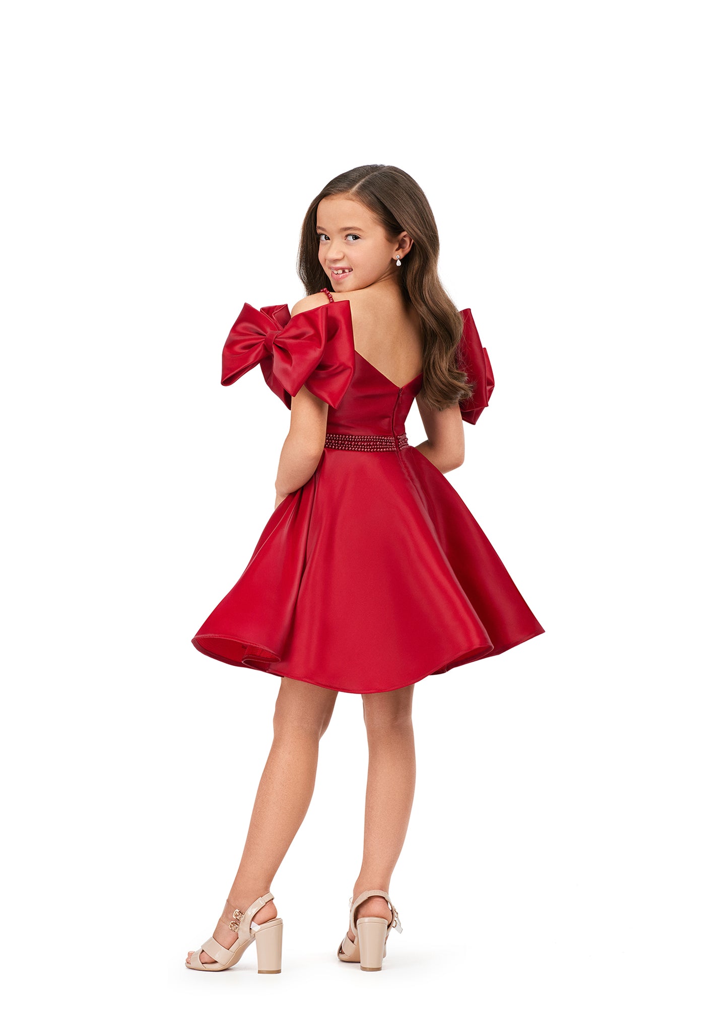 Ashley Lauren Kids 8223 Off The Shoulder With Bows A-Line Beaded Belt Detail Phantom Satin Coctail Dress. Cuteness overload in this fun satin dress! With its beautiful pearl belt and bow sleeves, this is a must for any little fashionista.