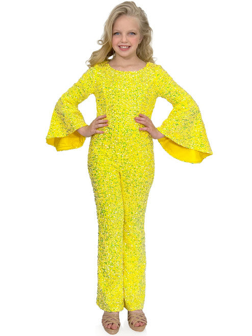 Inject a bit of sparkle and glamour into special occasions with Marc Defang's 8225K Girls Velvet Sequin Pageant Jumpsuit. This jumpsuit features a high neck with long bell sleeves and is finished with a beautiful sequin design for an eye-catching effect. Perfect for pageants and special occasions.  Sizes:  4,5,6,7,8,9,10,11,12,13,14  Colors: Yellow, White AB, Royal, Hot Pink, Purple, Light Blue, Light Pink, Neon Green, Lilac