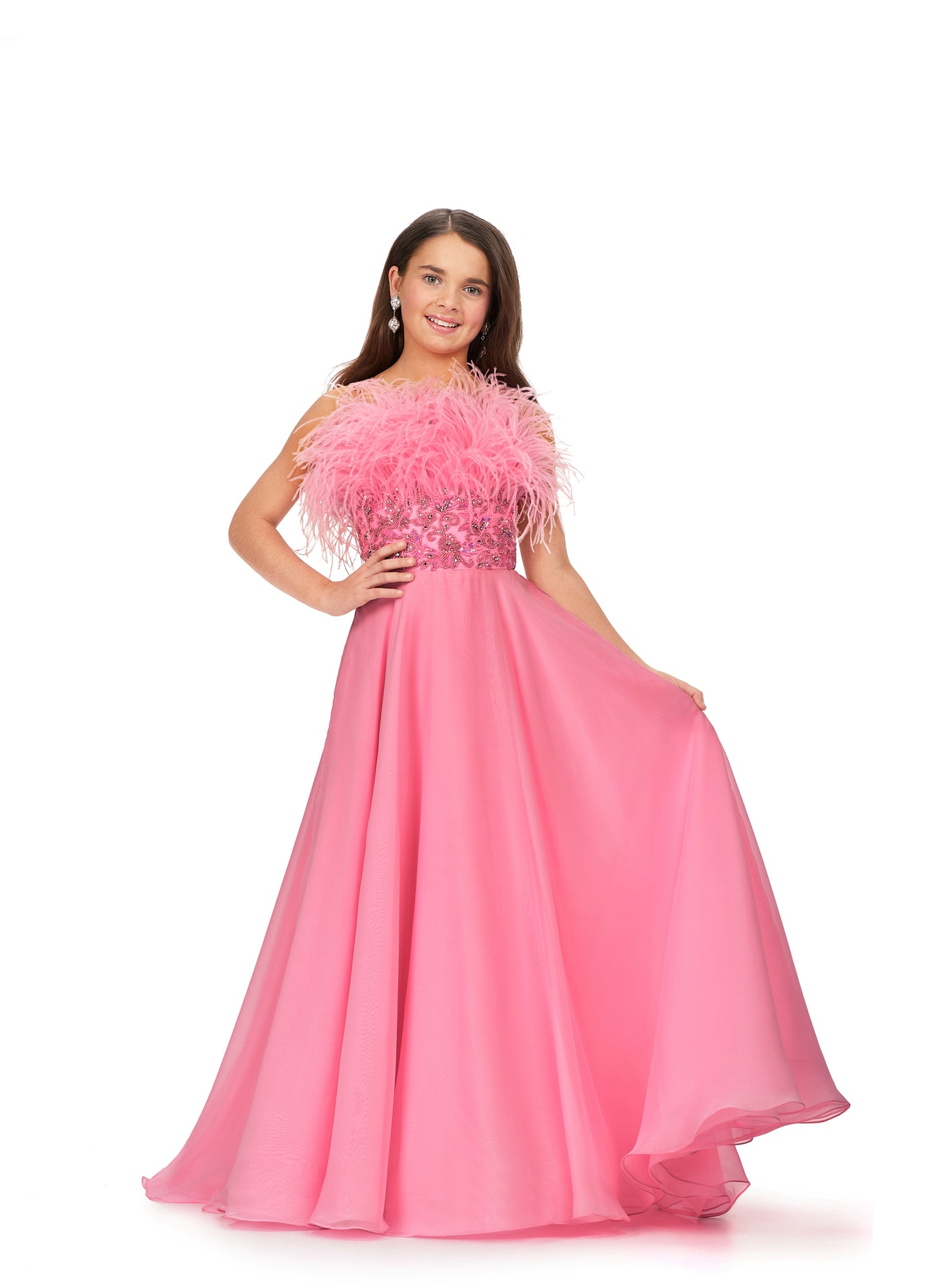 The Ashley Lauren Kids 8236 Long Girls A Line Chiffon Feather Beaded Pageant Ballgown Dress is the perfect choice for pageants. Featuring a beaded bustier and feather details, this A-Line dress with spaghetti straps is sure to stand out. Show-stoppingly beautiful.  Sizes: 4-16  Colors: Red, Ivory, Candy Pink