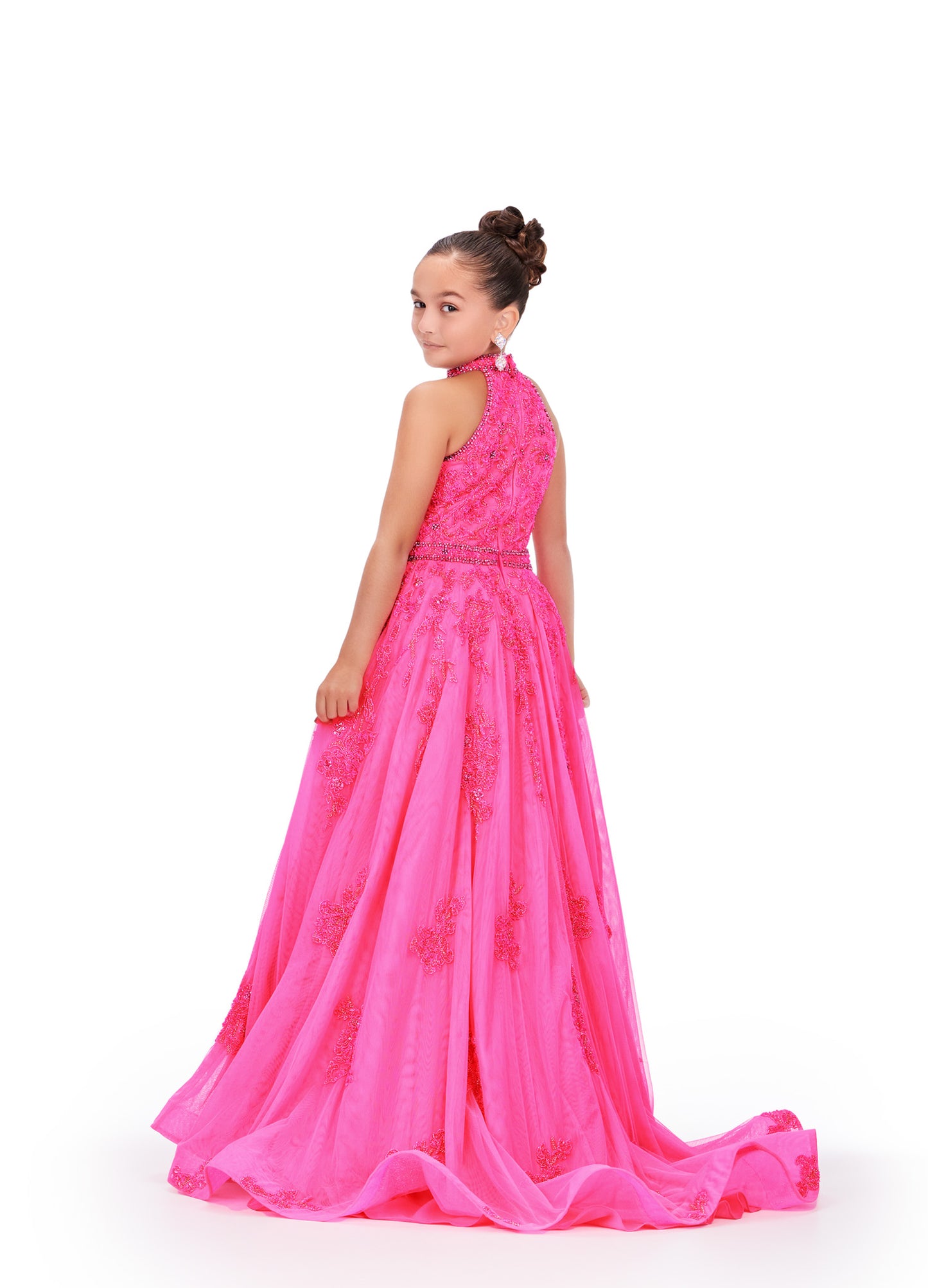 Ashley Lauren 8238 Size 8 Hot Pink Girls Beaded Ballgown High Neckline Fully A line Dress Pageant