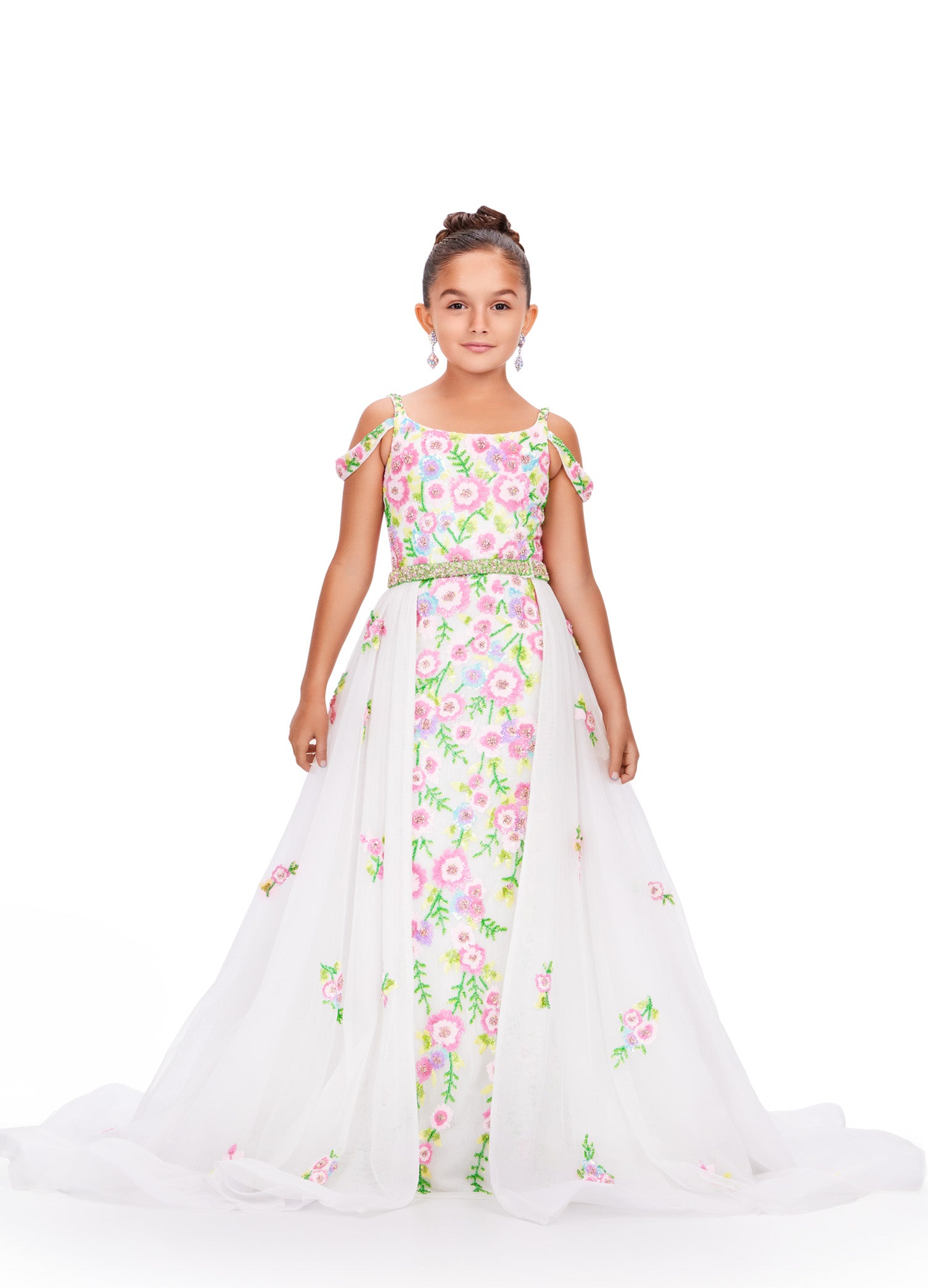 Expertly crafted for little girls who deserve to sparkle, the Ashley Lauren 8239 dress will make her shine on stage. The fitted silhouette flatters any figure while the beaded details and sequin overlay add a touch of glamour. Perfect for pageants and formal events. Bring the drama in this beaded column gown with shoulder draping straps. The removeable tulle overskirt is embellished with scattered beaded accents.