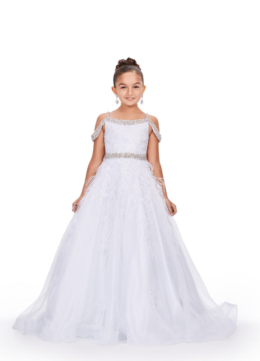 This stunning Ashley Lauren Kids 8242 ballgown is crafted with beautiful white feather lace and features an off-the-shoulder cut. The crystal bodice brings a romantic and princess-like feel to this pageant dress. Perfect for your little one special day.  Size: 10  Color: Hot Pink