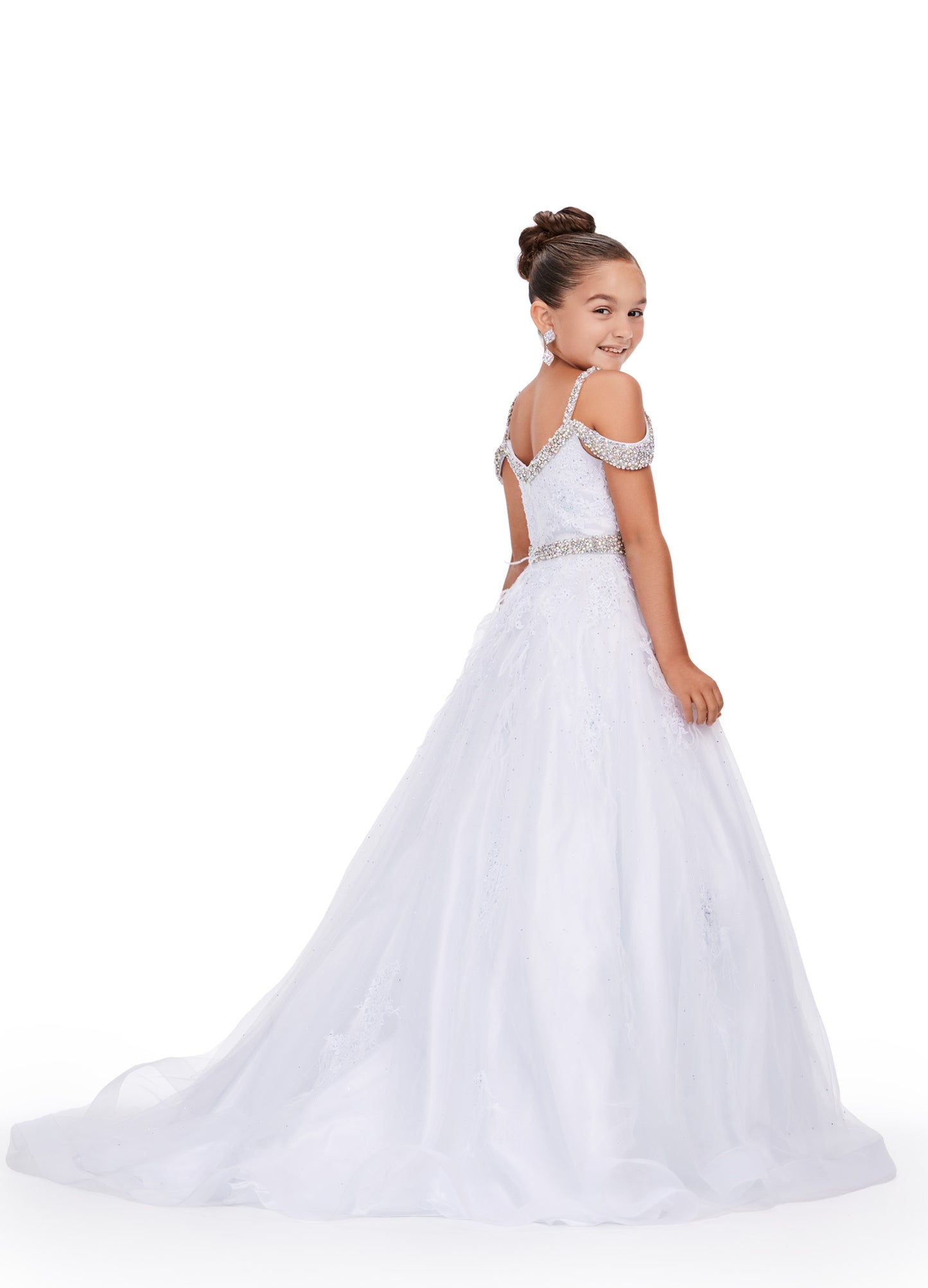 Experience the epitome of elegance and grace with the Ashley Lauren Kids 8242 Girls Lace Feather Pageant Dress. Featuring delicate lace and stunning feather accents, this off the shoulder ballgown is the perfect choice for any special occasion. Its impeccable design and craftsmanship will make your little girl feel like a true princess. This gorgeous kids gown is embellished with crystal beaded straps, neckline trim and belt. The dress is adorned with lace applique, press on stones and feather accents.