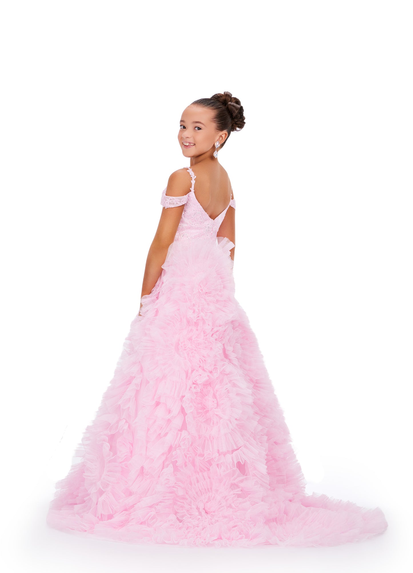 The Ashley Lauren Kids 8246 Girls Pageant Dress exudes elegance and glamour. The off-the-shoulder design features delicate lace and a ruffle detail for a stunning ballgown silhouette. Adorned with crystal embellishments, this dress will make any girl feel like a princess on stage. This elegant kids ball gown features a scoop neckline accented by a lace applique bodice and draping off shoulder straps.