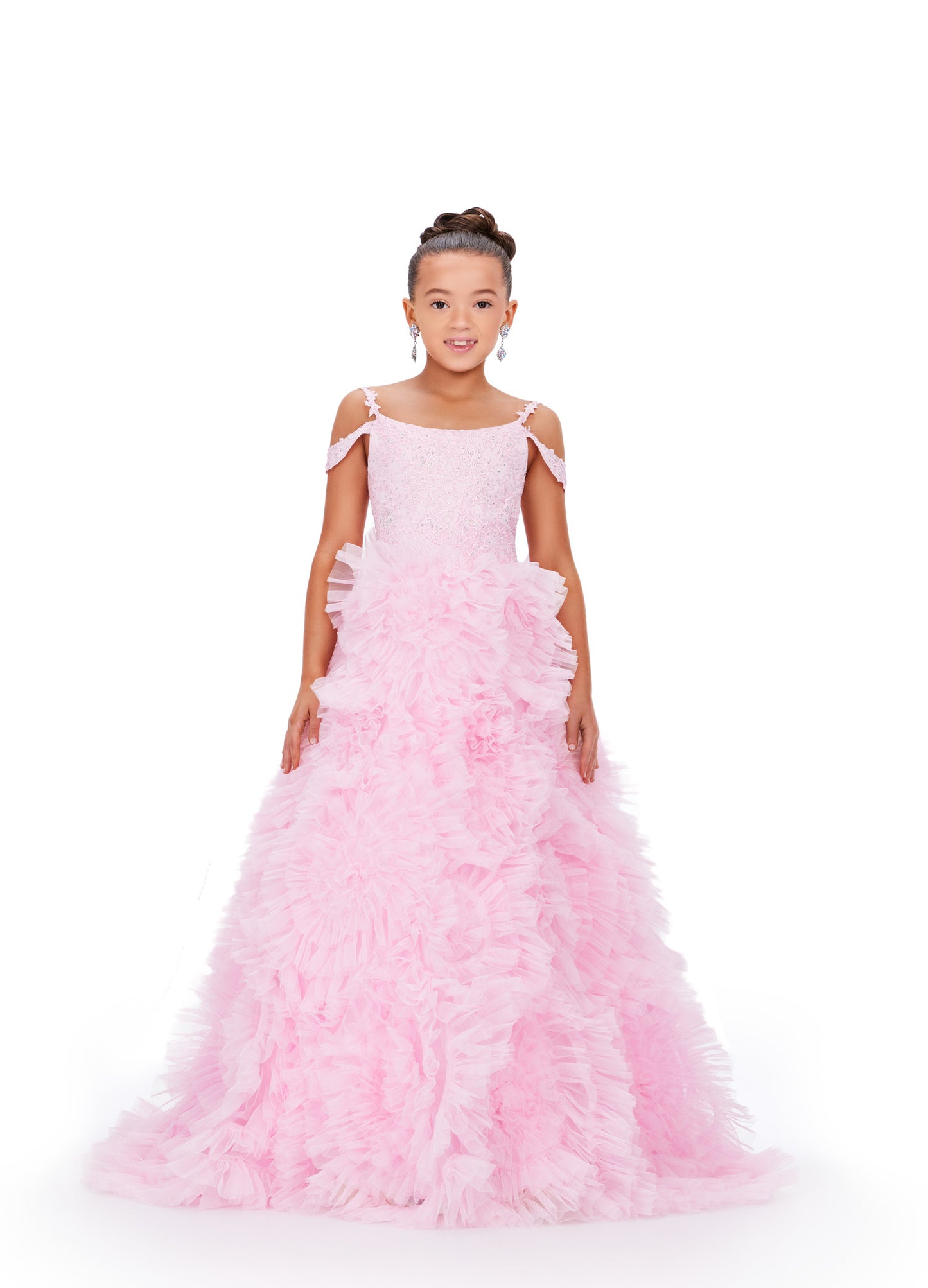 The Ashley Lauren Kids 8246 Girls Pageant Dress exudes elegance and glamour. The off-the-shoulder design features delicate lace and a ruffle detail for a stunning ballgown silhouette. Adorned with crystal embellishments, this dress will make any girl feel like a princess on stage. This elegant kids ball gown features a scoop neckline accented by a lace applique bodice and draping off shoulder straps.