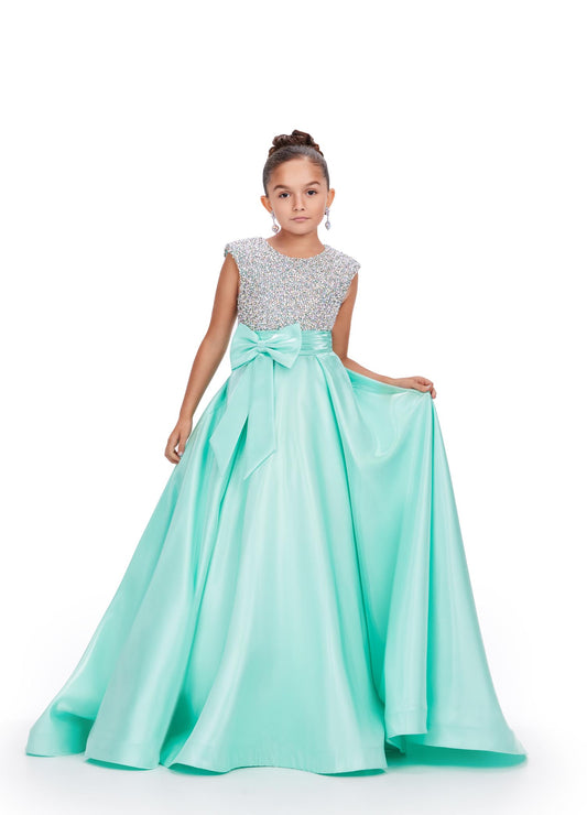 Ashley Lauren 8247 Girls Satin Ballgown with Stone Encrusted Bodice and a Bow at the Waistline