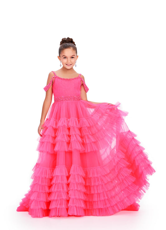 Ashley Lauren 8261 Ruffled Skirt Girls Ballgown Embellished off the Shoulder Straps and Waistline