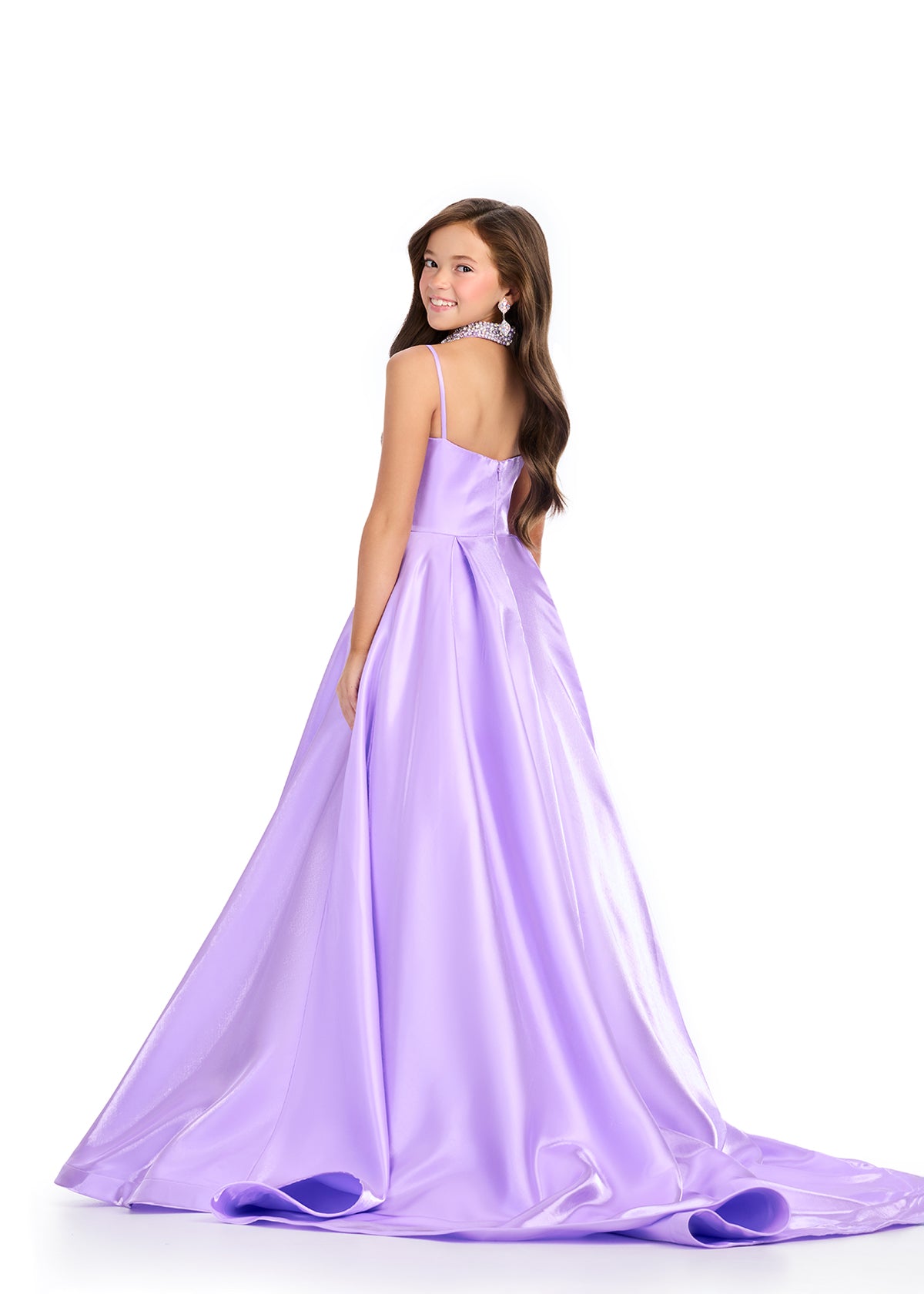 Indulge in luxury with the Ashley Lauren 8275 Girls Satin Ballgown. The satin material exudes elegance and the embellished choker adds a touch of sophistication. The scoop neckline and spaghetti straps create a flattering silhouette for any formal event. Elevate your little girl's look with this exquisite ballgown. Pageant

Colors:&nbsp; Orchid, Hot Pink, Peacock