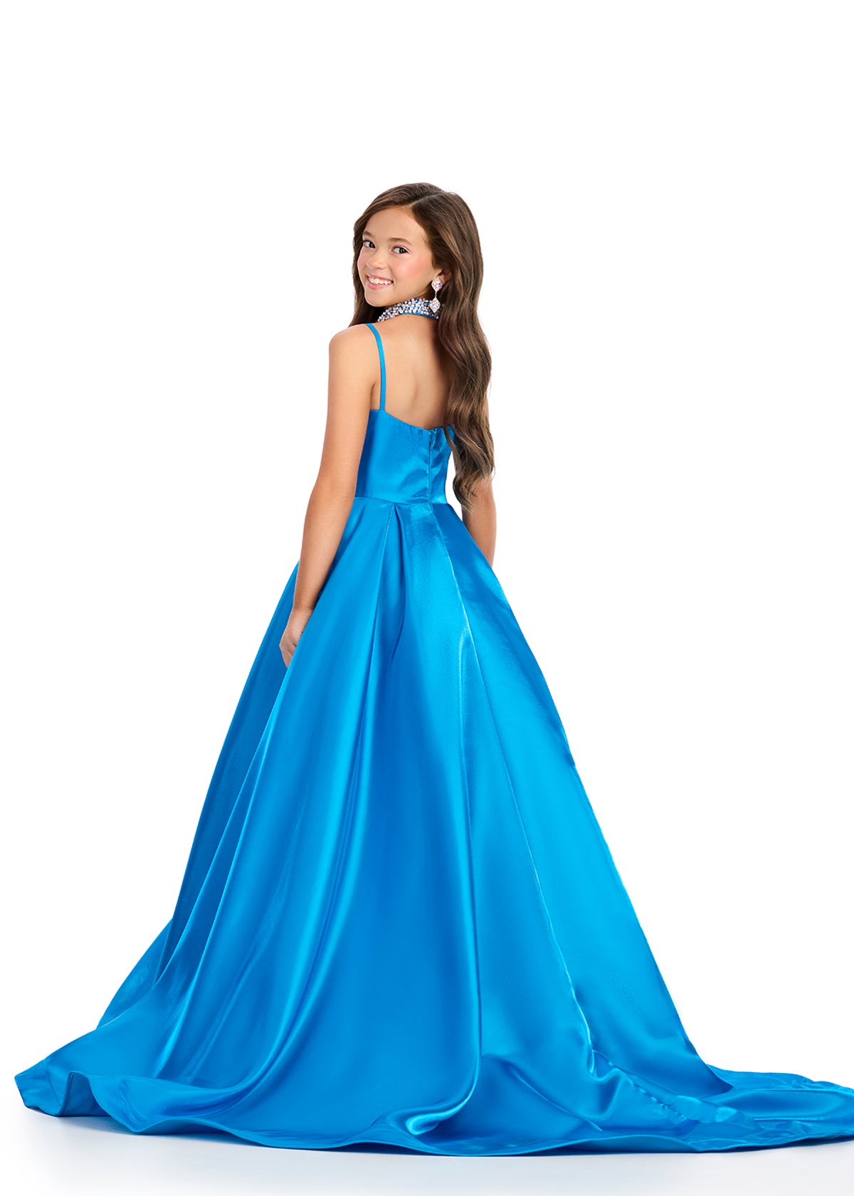 Indulge in luxury with the Ashley Lauren 8275 Girls Satin Ballgown. The satin material exudes elegance and the embellished choker adds a touch of sophistication. The scoop neckline and spaghetti straps create a flattering silhouette for any formal event. Elevate your little girl's look with this exquisite ballgown. Pageant

Colors:&nbsp; Orchid, Hot Pink, Peacock