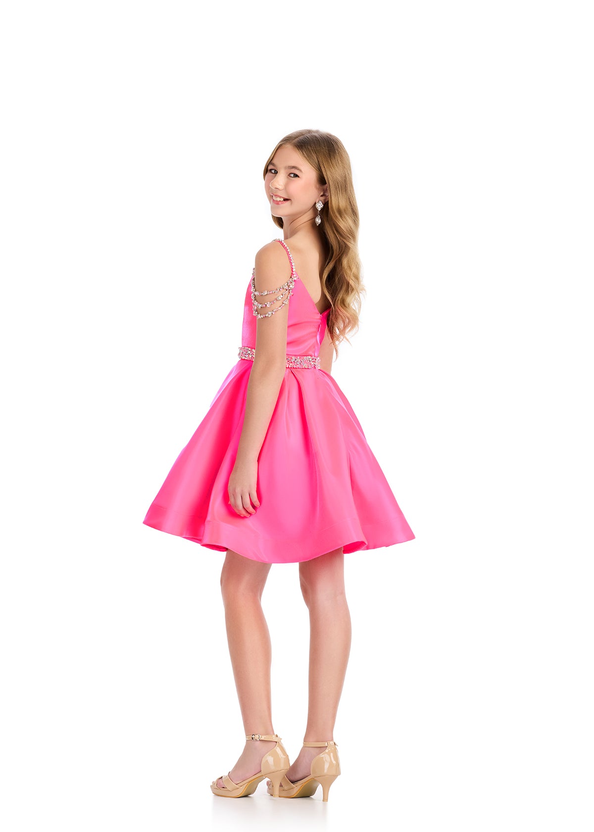 This Ashley Lauren Girls 8277 short cocktail dress is perfect for pageants, formals, and special occasions. Featuring an off the shoulder neckline and shimmering satin fabric, it exudes elegance and sophistication. Ideal for girls who want to stand out in style. Off the shoulder crystal triple straps with Crystal waistband. Flared A Line skirt.