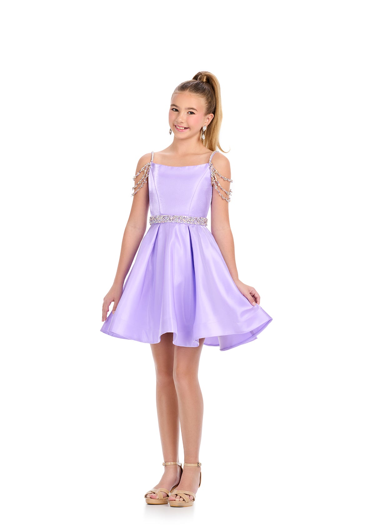 This Ashley Lauren Girls 8277 short cocktail dress is perfect for pageants, formals, and special occasions. Featuring an off the shoulder neckline and shimmering satin fabric, it exudes elegance and sophistication. Ideal for girls who want to stand out in style. Off the shoulder crystal triple straps with Crystal waistband. Flared A Line skirt.